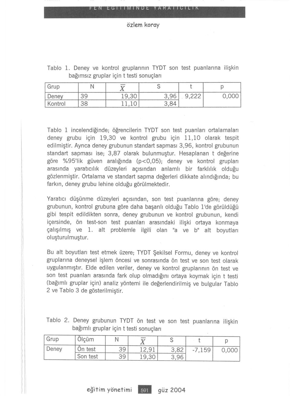 Ayrca deney grubunun standart sapmas 3,96, kontrol grubunun standart sapmas se; 3,87 olarak bulunmustur.