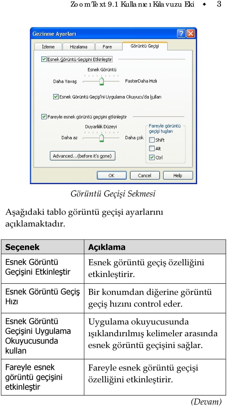 görüntü geçişini etkinleştir Açıklama Esnek görüntü geçiş özelliğini etkinleştirir.