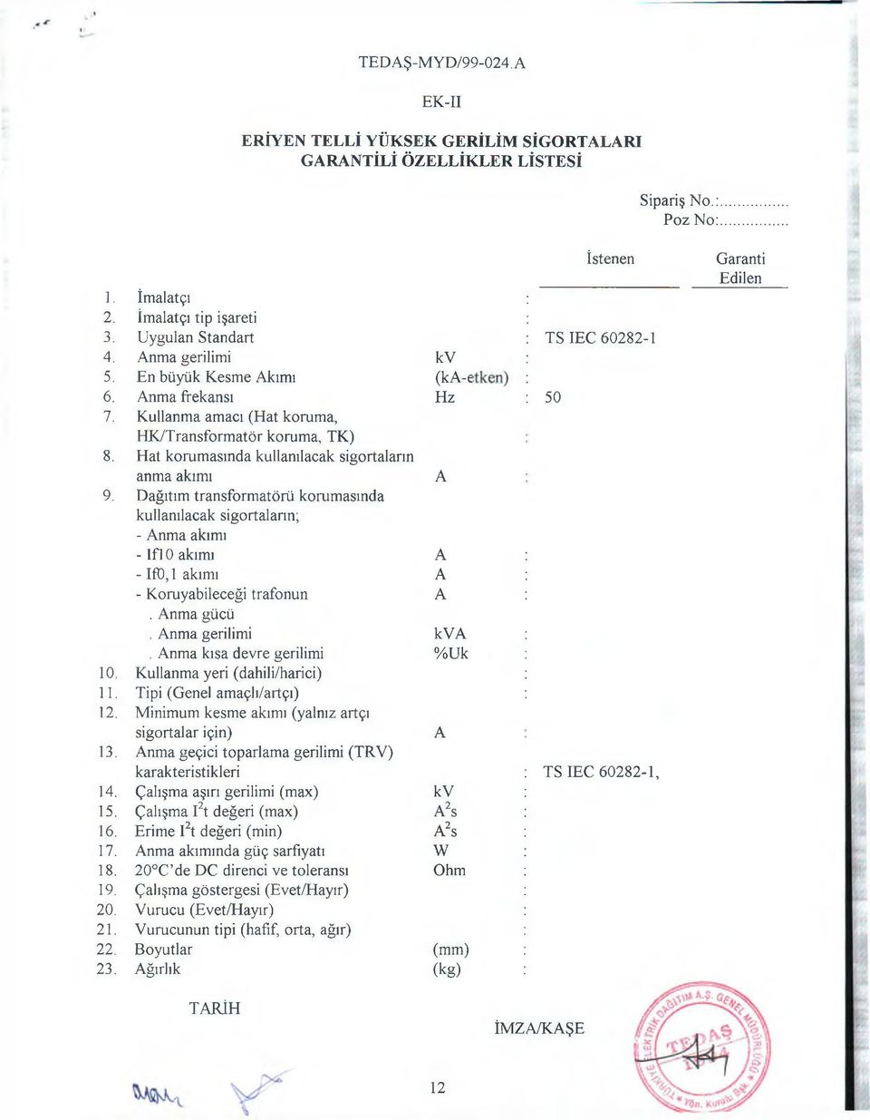 Dağıtım transformatörü korumasında kullanılacak sigortaların; - Anma akımı - Ifl 0 akımı A - IfD, 1 akımı A - Koruyabileceği trafonun A. Anma gücü. Anma gerilimi kva. Anma kısa devre gerilimi %Uk 10.