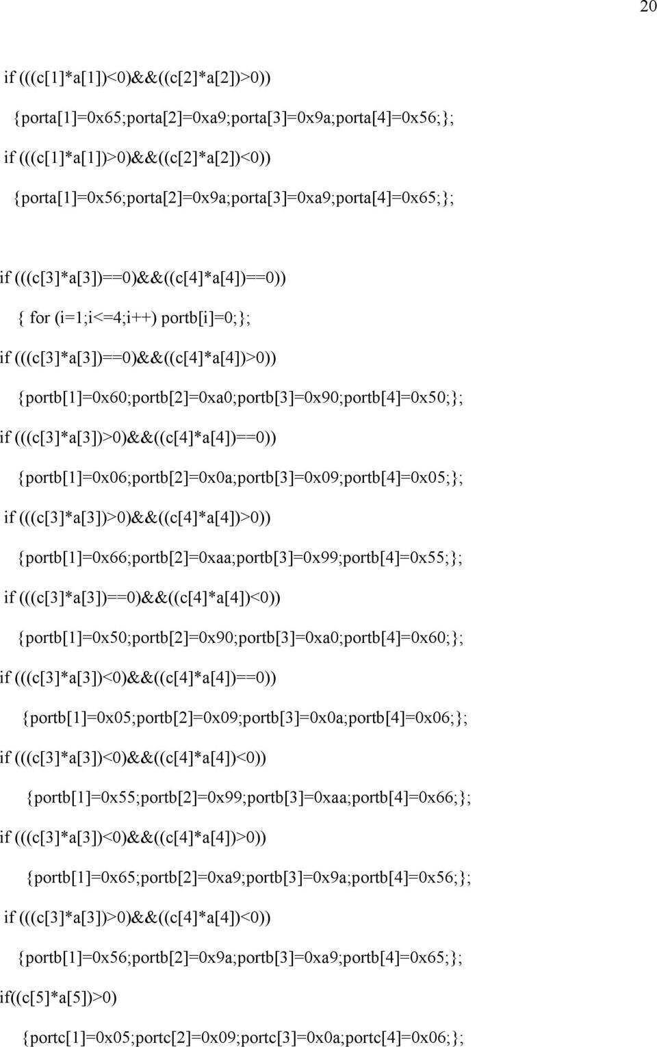 (((c[3]*a[3])>0)&&((c[4]*a[4])==0)) {portb[1]=0x06;portb[2]=0x0a;portb[3]=0x09;portb[4]=0x05;; if (((c[3]*a[3])>0)&&((c[4]*a[4])>0)) {portb[1]=0x66;portb[2]=0xaa;portb[3]=0x99;portb[4]=0x55;; if