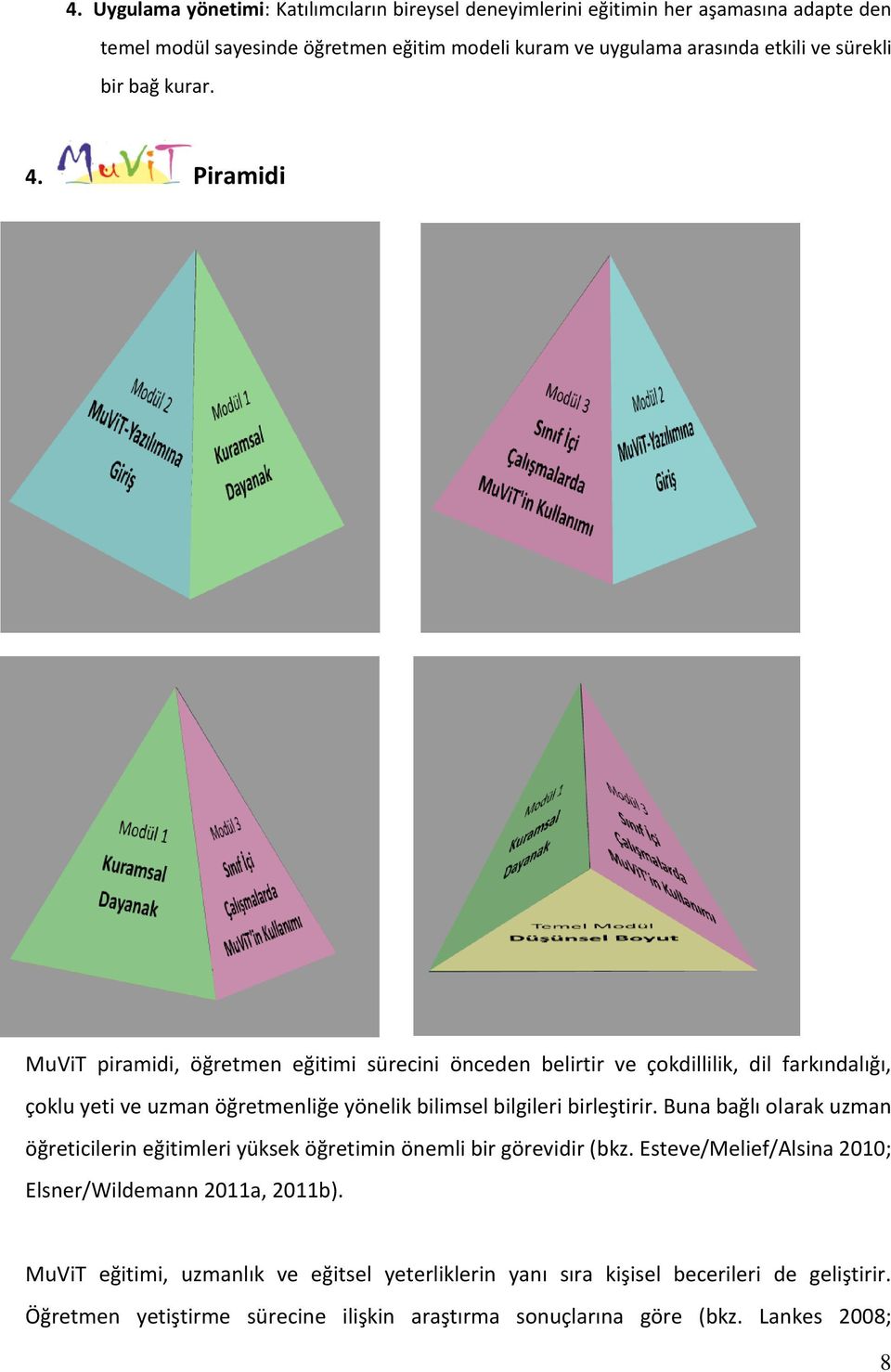Piramidi MuViT piramidi, öğretmen eğitimi sürecini önceden belirtir ve çokdillilik, dil farkındalığı, çoklu yeti ve uzman öğretmenliğe yönelik bilimsel bilgileri birleştirir.