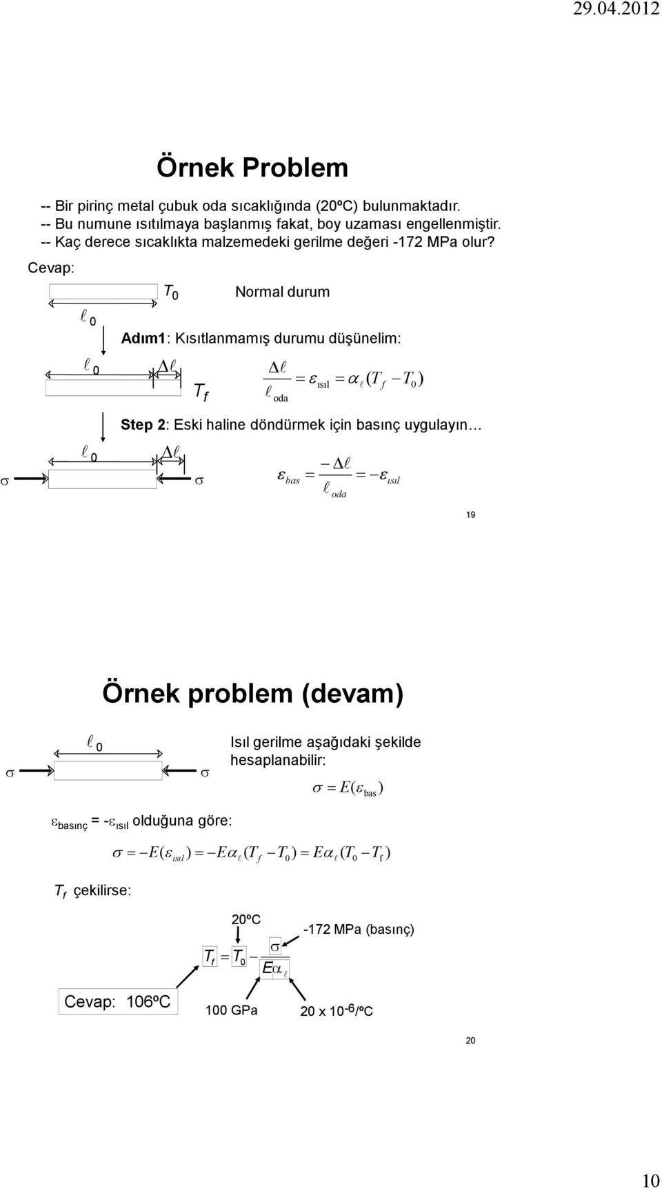 Cevap: T 0 Norma durum 0 0 Adım1: Kısıtanmamış durumu düşüneim: T f oda = ε ısı = α ( T ) f T0 Step 2: Eski haine döndürmek için basınç uyguayın 0 σ σ εbas