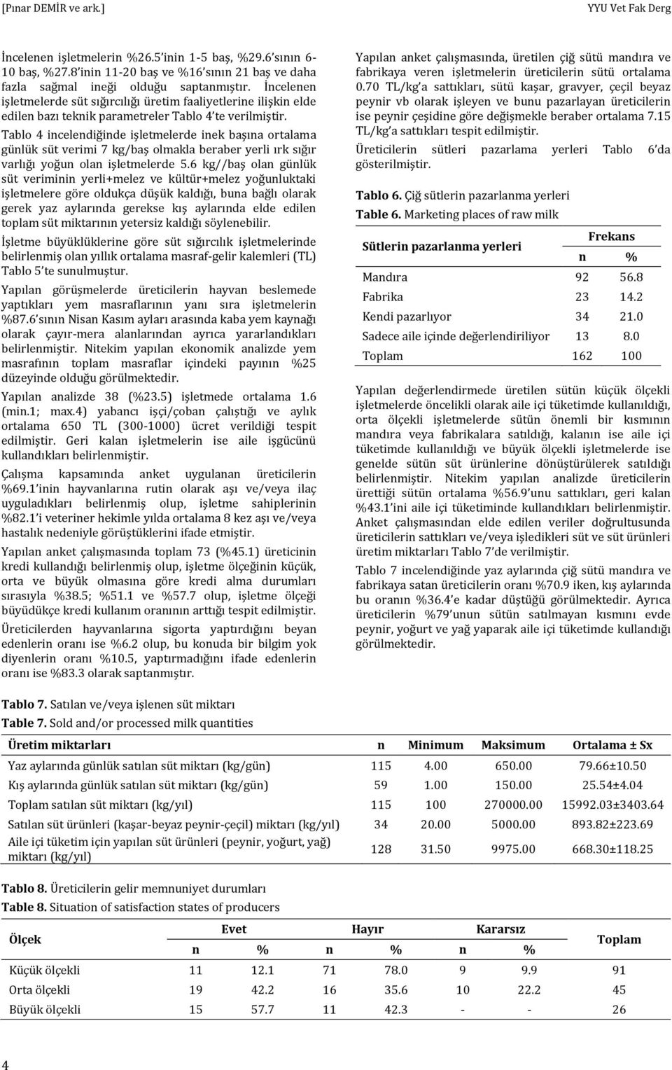 Tablo 4 incelendiğinde işletmelerde inek başına ortalama günlük süt verimi 7 kg/baş olmakla beraber yerli ırk sığır varlığı yoğun olan işletmelerde 5.