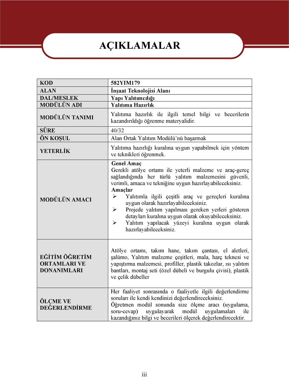 SÜRE 40/32 ÖN KOŞUL Alan Ortak Yalıtım Modülü nü başarmak YETERLİK MODÜLÜN AMACI AÇIKLAMALAR Yalıtıma hazırlığı kuralına uygun yapabilmek için yöntem ve teknikleri öğrenmek.