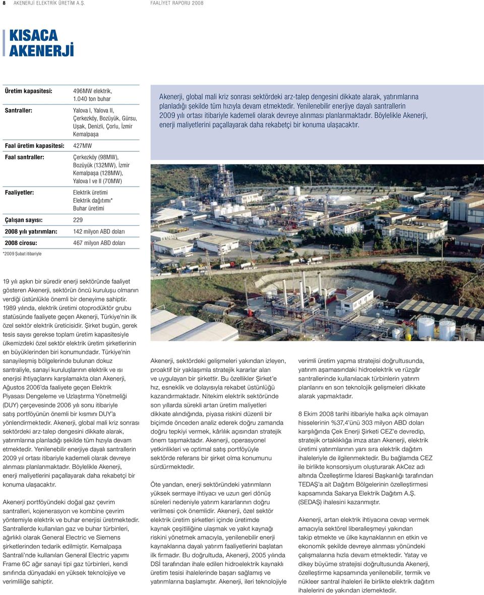 II (70MW) Elektrik üretimi Elektrik dağıtımı* Buhar üretimi 2008 yılı yatırımları: 142 milyon ABD doları 2008 cirosu: 467 milyon ABD doları *2009 Şubat itibariyle Akenerji, global mali kriz sonrası