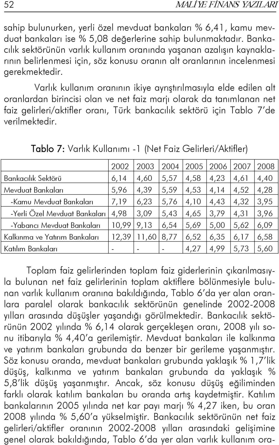 Varlık kullanım oranının ikiye ayrıştırılmasıyla elde edilen alt oranlardan birincisi olan ve net faiz marjı olarak da tanımlanan net faiz gelirleri/aktifler oranı, Türk bankacılık sektörü için Tablo