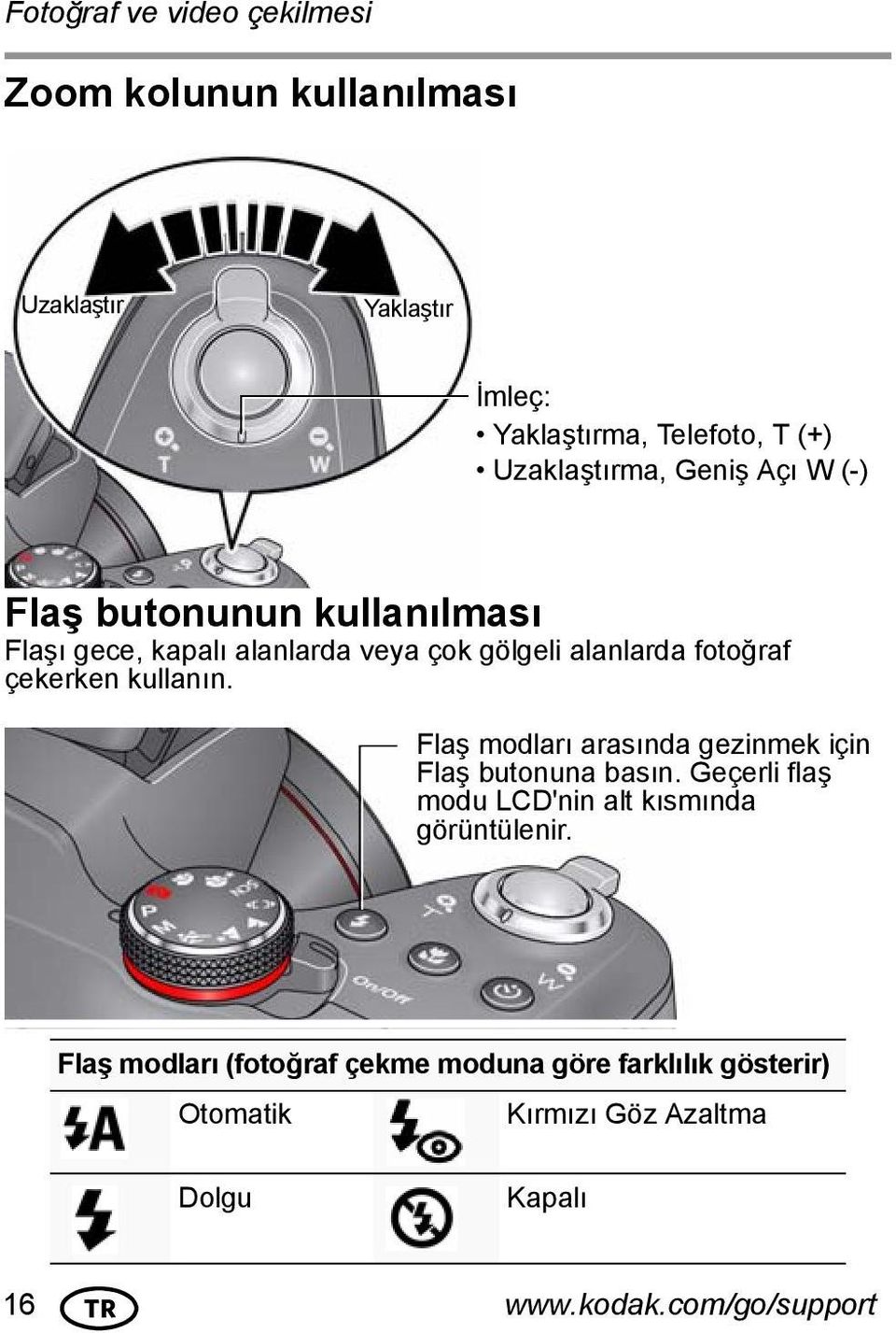 çekerken kullanın. Flaş modları arasında gezinmek için Flaş butonuna basın.