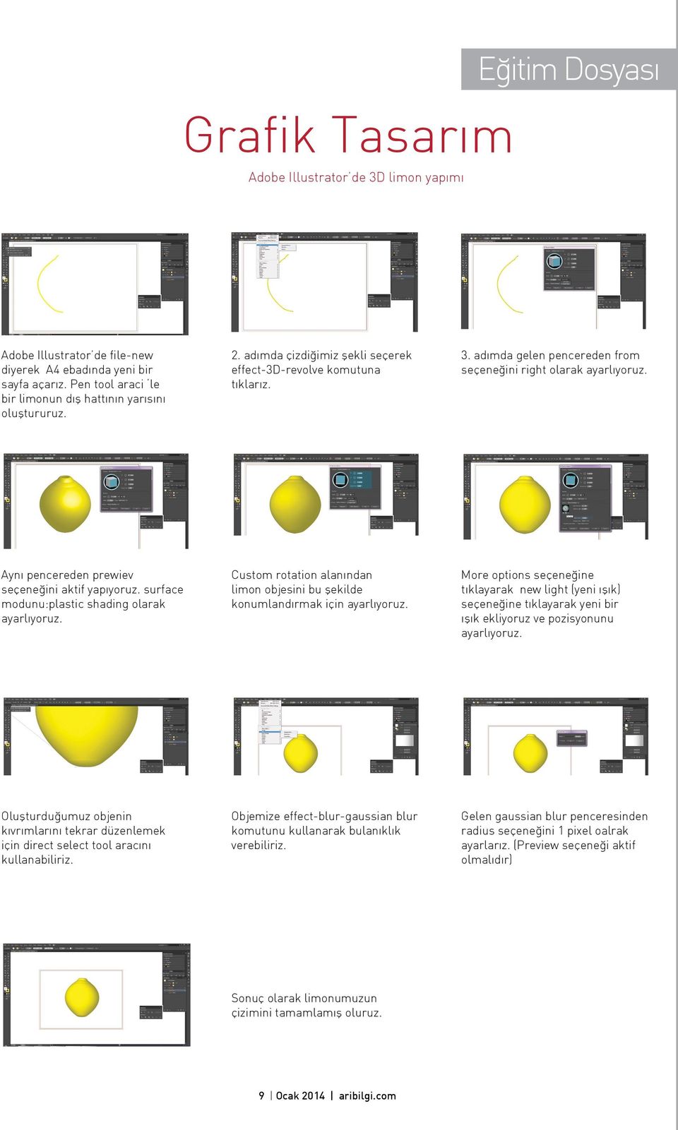 adımda gelen pencereden from seçeneğini right olarak ayarlıyoruz. Aynı pencereden prewiev seçeneğini aktif yapıyoruz. surface modunu:plastic shading olarak ayarlıyoruz.