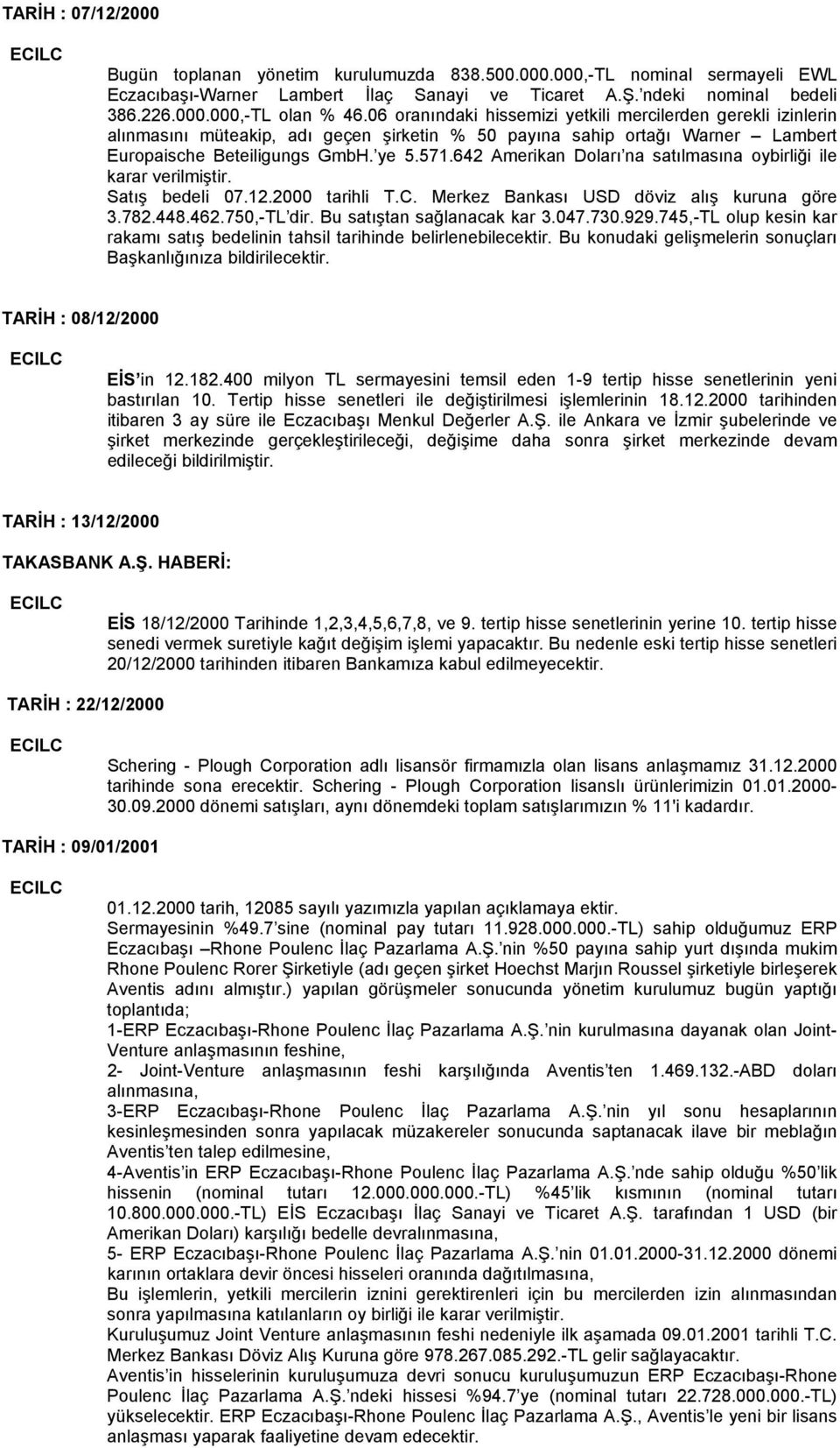 642 Amerikan Doları na satılmasına oybirliği ile karar verilmiştir. Satış bedeli 07.12.2000 tarihli T.C. Merkez Bankası USD döviz alış kuruna göre 3.782.448.462.750,-TL dir.