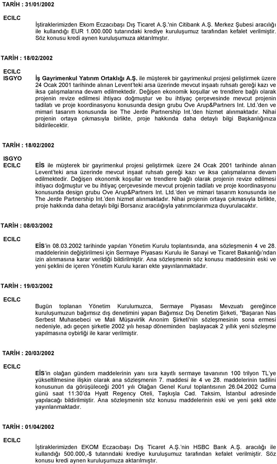 ile müşterek bir gayrimenkul projesi geliştirmek üzere 24 Ocak 2001 tarihinde alınan Levent teki arsa üzerinde mevcut inşaatı ruhsatı gereği kazı ve iksa çalışmalarına devam edilmektedir.