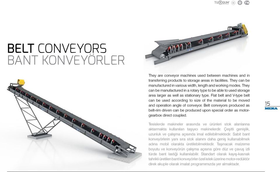 Flat belt and V-type belt can be used according to size of the material to be moved and operation angle of conveyor.