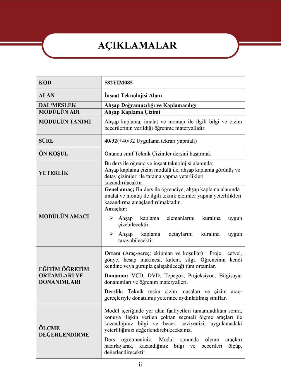 40/32(+40/32 Uygulama tekrarı yapmalı) Onuncu sınıf Teknik Çizimler dersini başarmak Bu ders ile öğrenciye inşaat teknolojisi alanında; Ahşap kaplama çizim modülü ile, ahşap kaplama görünüş ve detay