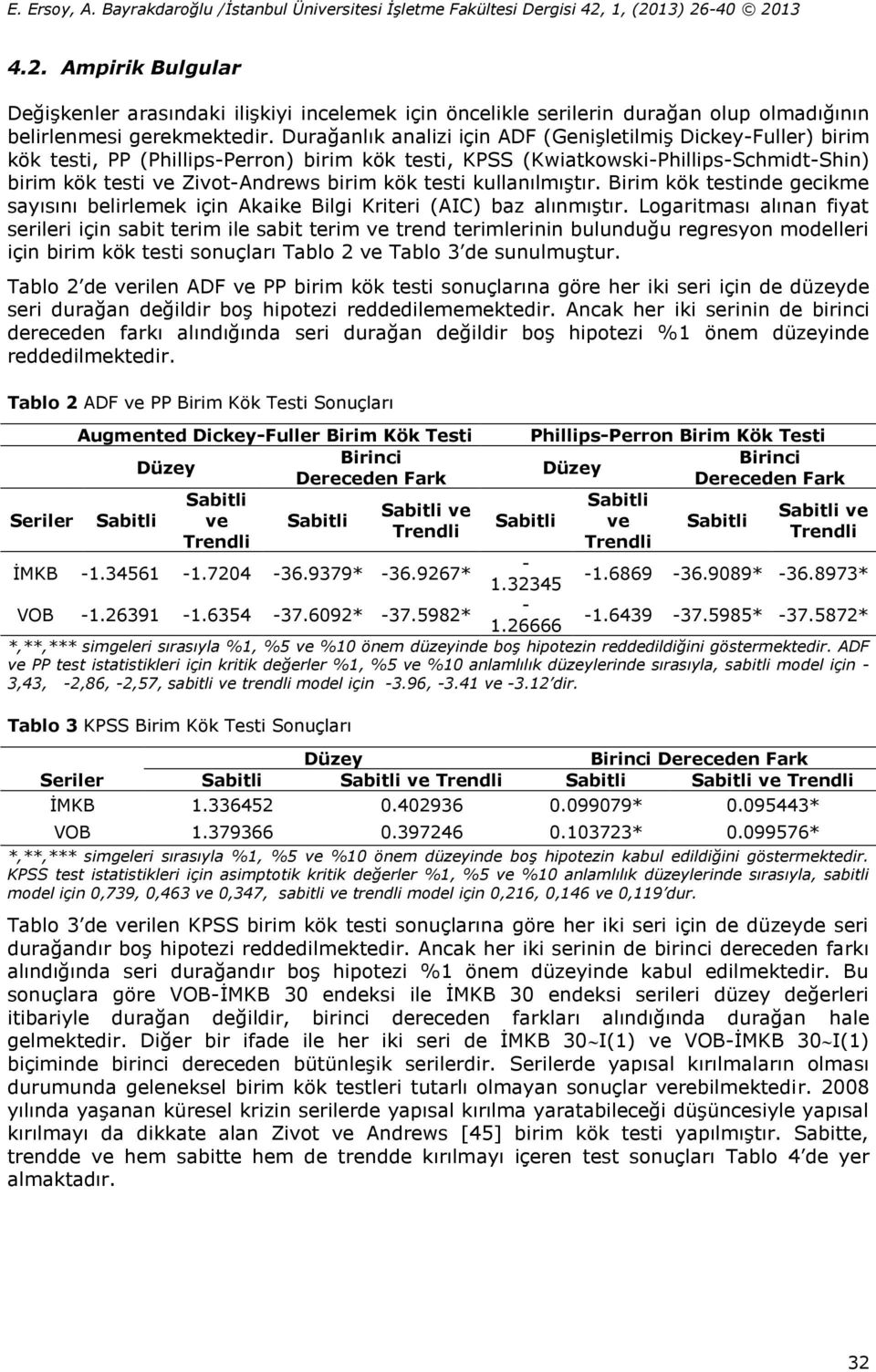 testi kullanılmıştır. Birim kök testinde gecikme sayısını belirlemek için Akaike Bilgi Kriteri (AIC) baz alınmıştır.