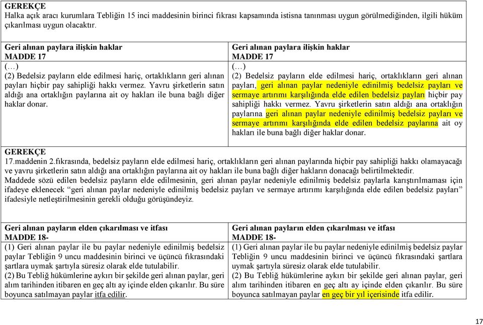 Yavru şirketlerin satın aldığı ana ortaklığın paylarına ait oy hakları ile buna bağlı diğer haklar donar.