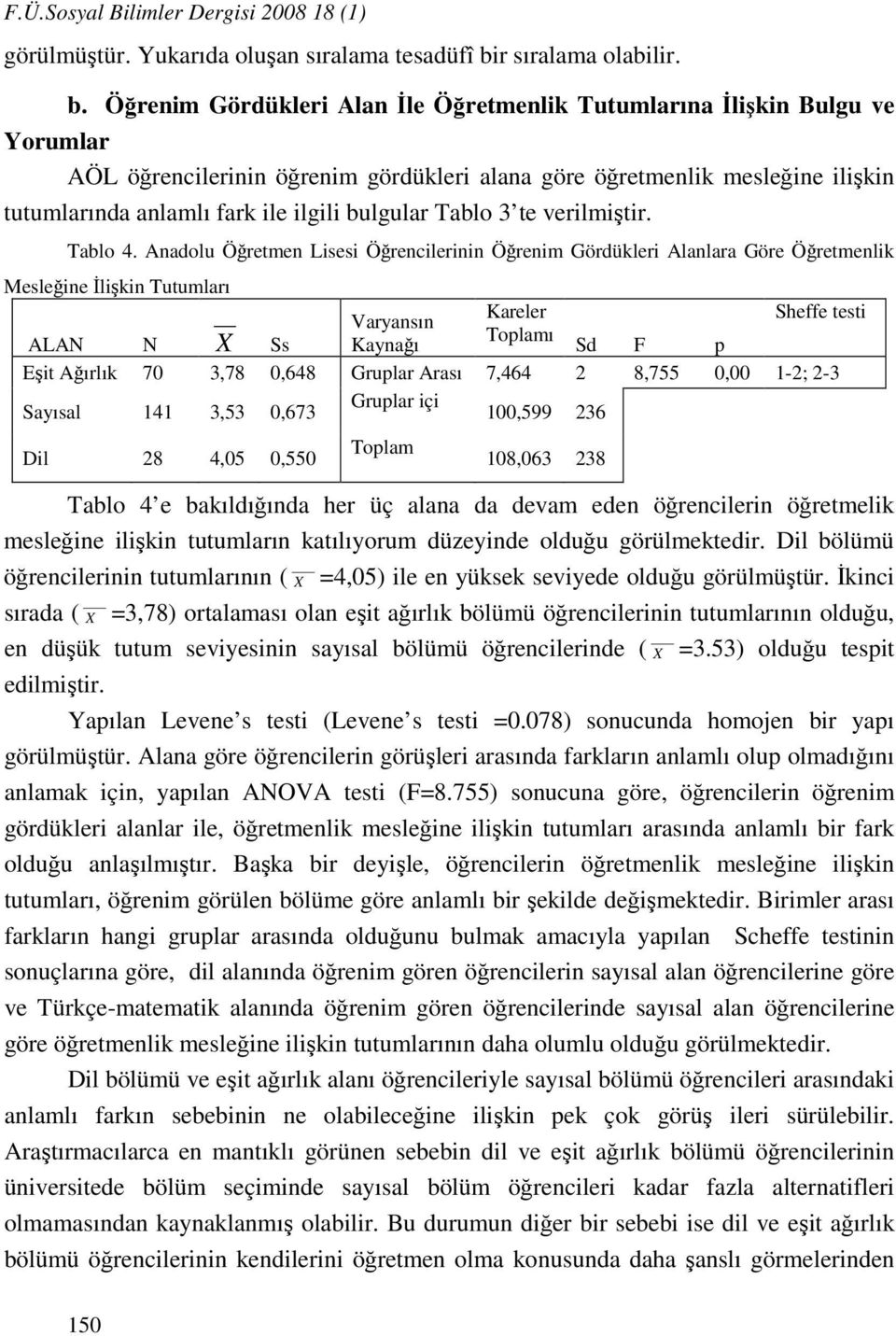 Öğrenim Gördükleri Alan İle Öğretmenlik Tutumlarına İlişkin Bulgu ve Yorumlar AÖL öğrencilerinin öğrenim gördükleri alana göre öğretmenlik mesleğine ilişkin tutumlarında anlamlı fark ile ilgili