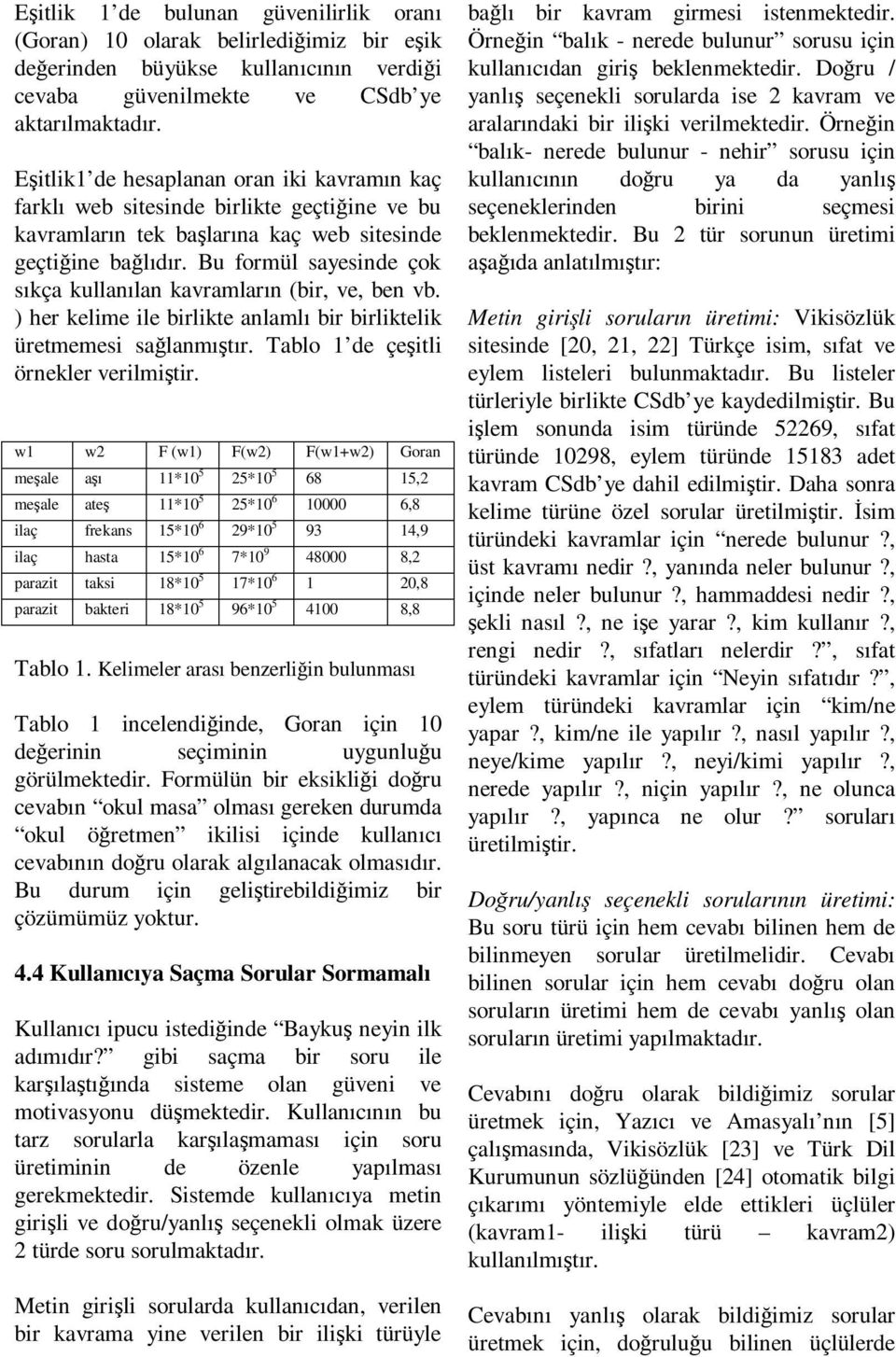 Bu formül sayesinde çok sıkça kullanılan kavramların (bir, ve, ben vb. ) her kelime ile birlikte anlamlı bir birliktelik üretmemesi sağlanmıştır. Tablo 1 de çeşitli örnekler verilmiştir.