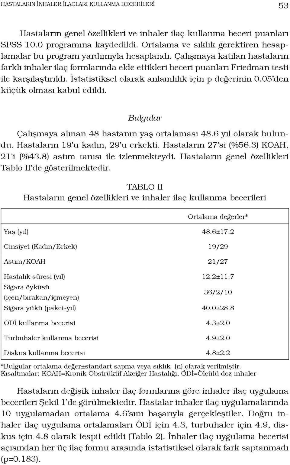 Çalışmaya katılan hastaların farklı inhaler ilaç formlarında elde ettikleri beceri puanları Friedman testi ile karşılaştırıldı. İstatistiksel olarak anlamlılık için p değerinin 0.