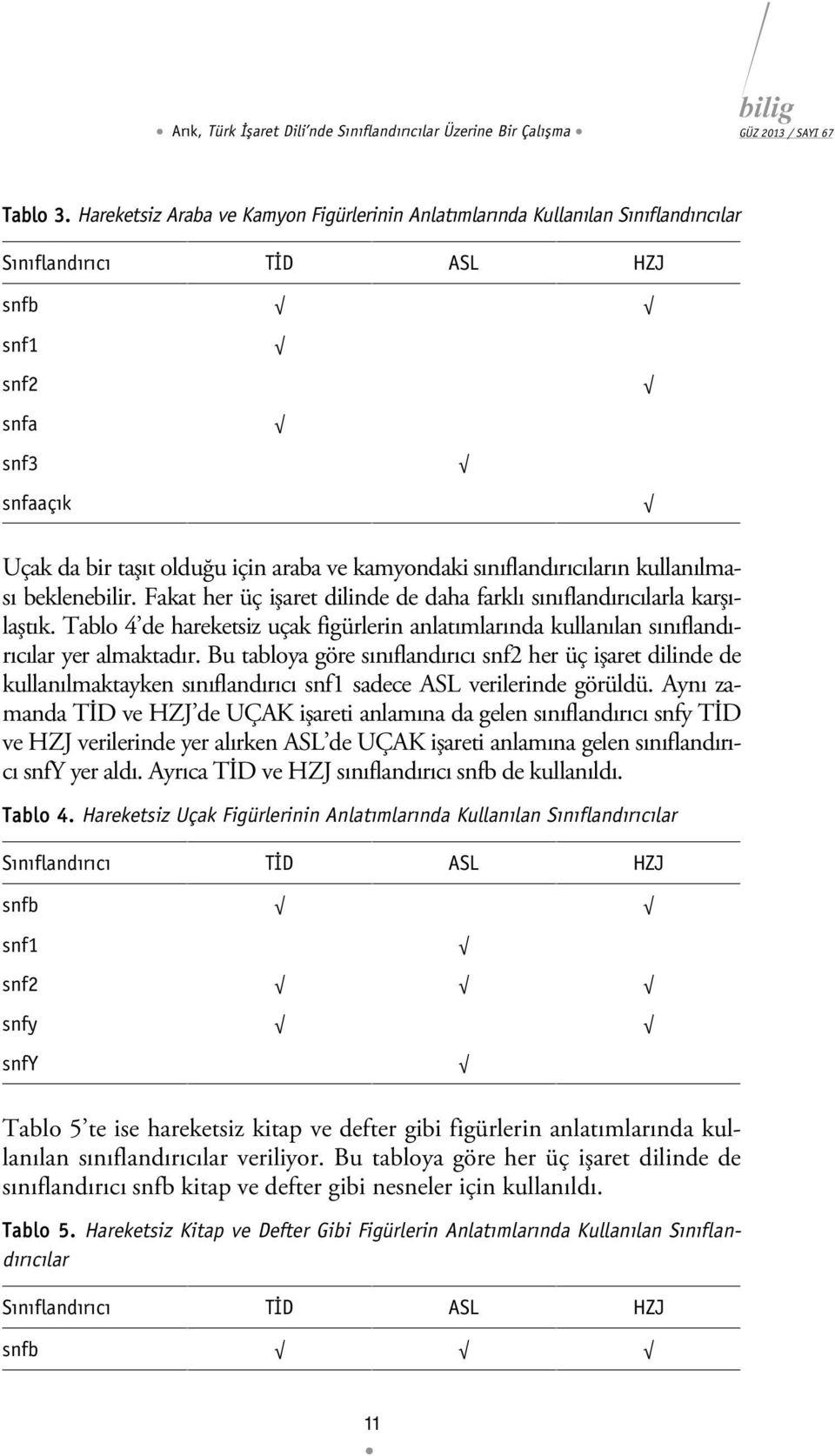 sınıflandırıcıların kullanılması beklenebilir. Fakat her üç işaret dilinde de daha farklı sınıflandırıcılarla karşılaştık.