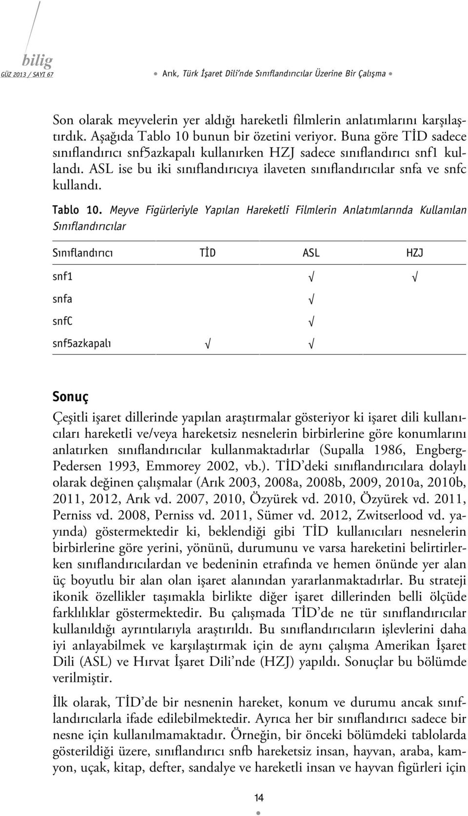 Meyve Figürleriyle Yapılan Hareketli Filmlerin Anlatımlarında Kulla nılan Sınıflandırıcılar Sınıflandırıcı TİD ASL HZJ snf1 snfa snfc snf5azkapalı Sonuç Çeşitli işaret dillerinde yapılan araştırmalar