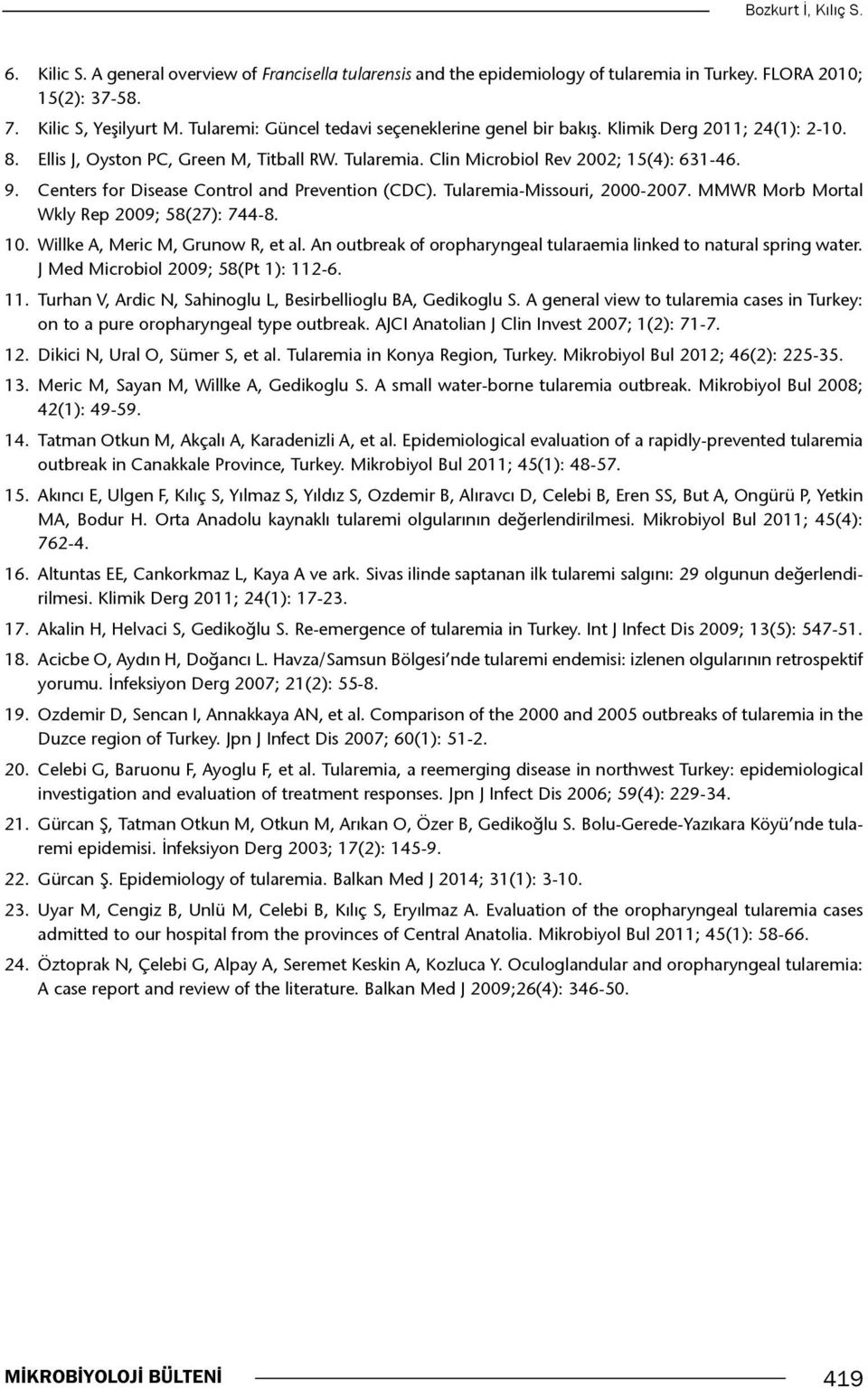 Centers for Disease Control and Prevention (CDC). Tularemia-Missouri, 2000-2007. MMWR Morb Mortal Wkly Rep 2009; 58(27): 744-8. 10. Willke A, Meric M, Grunow R, et al.