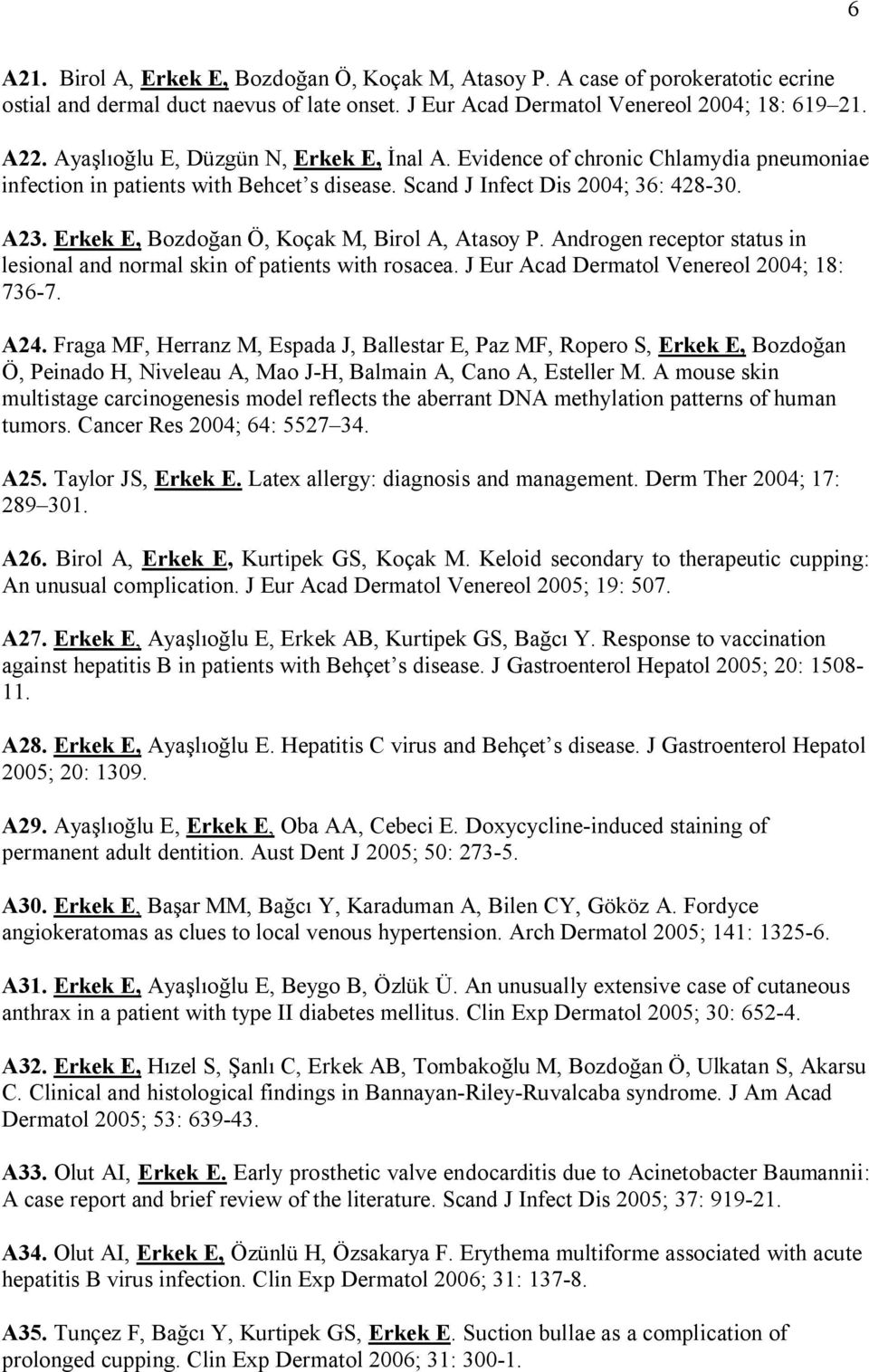 Erkek E, Bozdoğan Ö, Koçak M, Birol A, Atasoy P. Androgen receptor status in lesional and normal skin of patients with rosacea. J Eur Acad Dermatol Venereol 2004; 18: 736-7. A24.