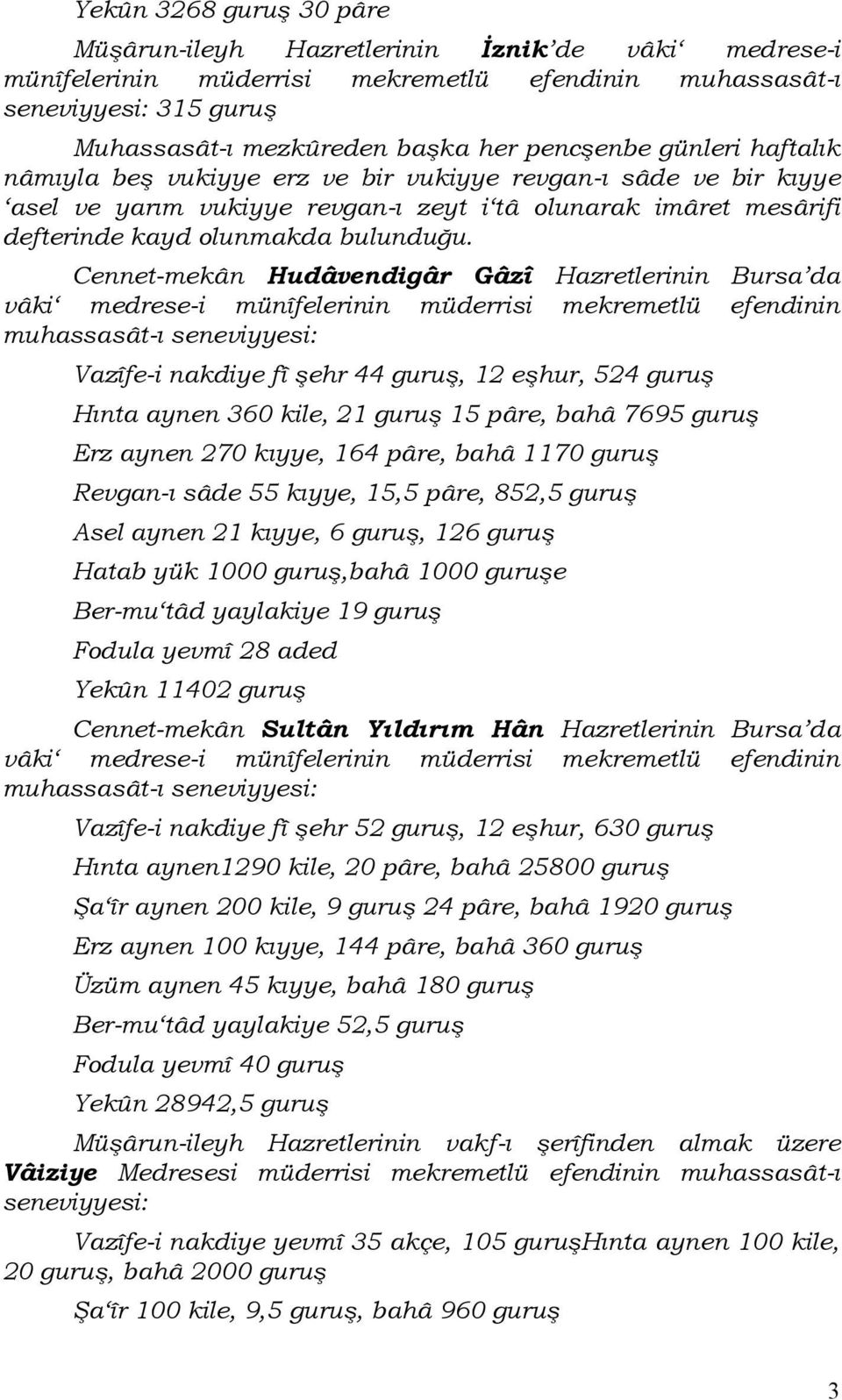 Cennet-mekân Hudâvendigâr Gâzî Hazretlerinin Bursa da vâki medrese-i münîfelerinin müderrisi mekremetlü efendinin Vazîfe-i nakdiye fî şehr 44 guruş, 12 eşhur, 524 guruş Hınta aynen 360 kile, 21 guruş