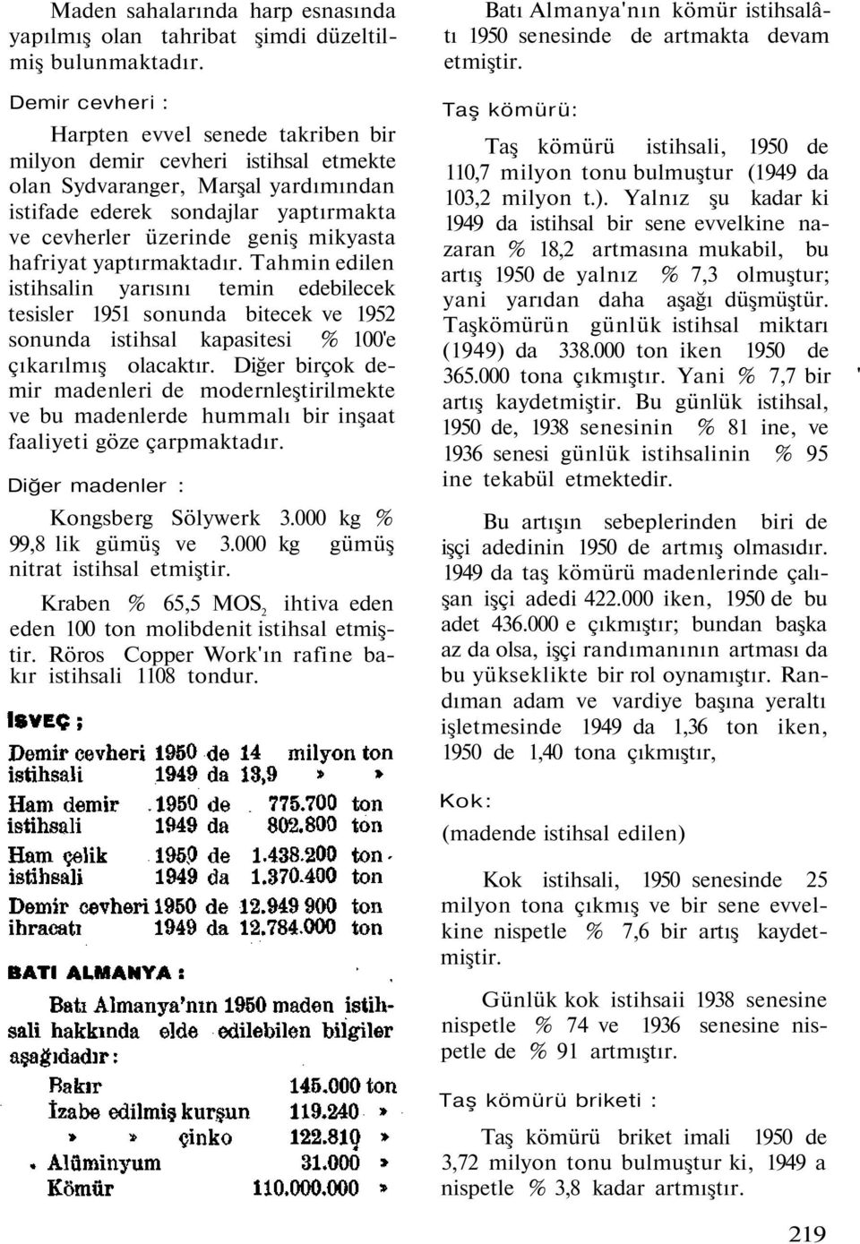 hafriyat yaptırmaktadır. Tahmin edilen istihsalin yarısını temin edebilecek tesisler 1951 sonunda bitecek ve 1952 sonunda istihsal kapasitesi % 100'e çıkarılmış olacaktır.