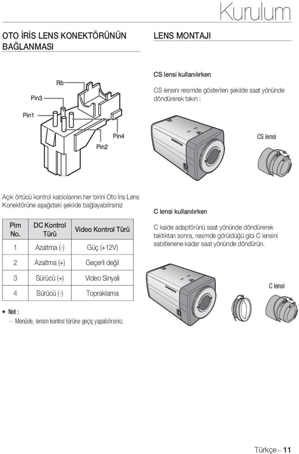 DC Kontrol Türü Video Kontrol Türü 1 Azaltma (-) Güç (+12V) C lensi kullanılırken C kaide adaptörünü saat yönünde döndürerek taktıktan sonra, resimde görüldüğü