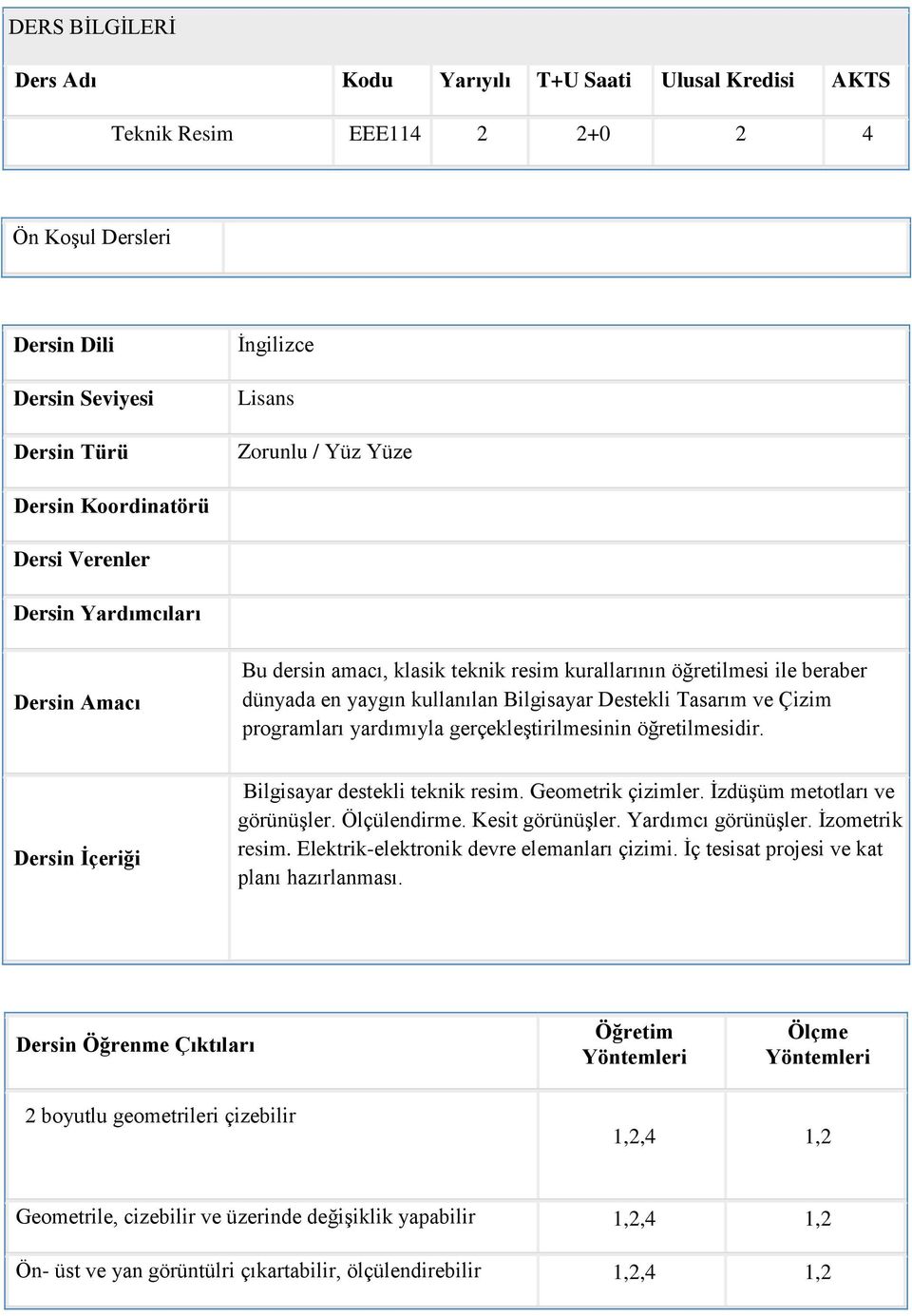 Çizim programları yardımıyla gerçekleştirilmesinin öğretilmesidir. Dersin İçeriği Bilgisayar destekli teknik resim. Geometrik çizimler. İzdüşüm metotları ve görünüşler. Ölçülendirme. Kesit görünüşler.
