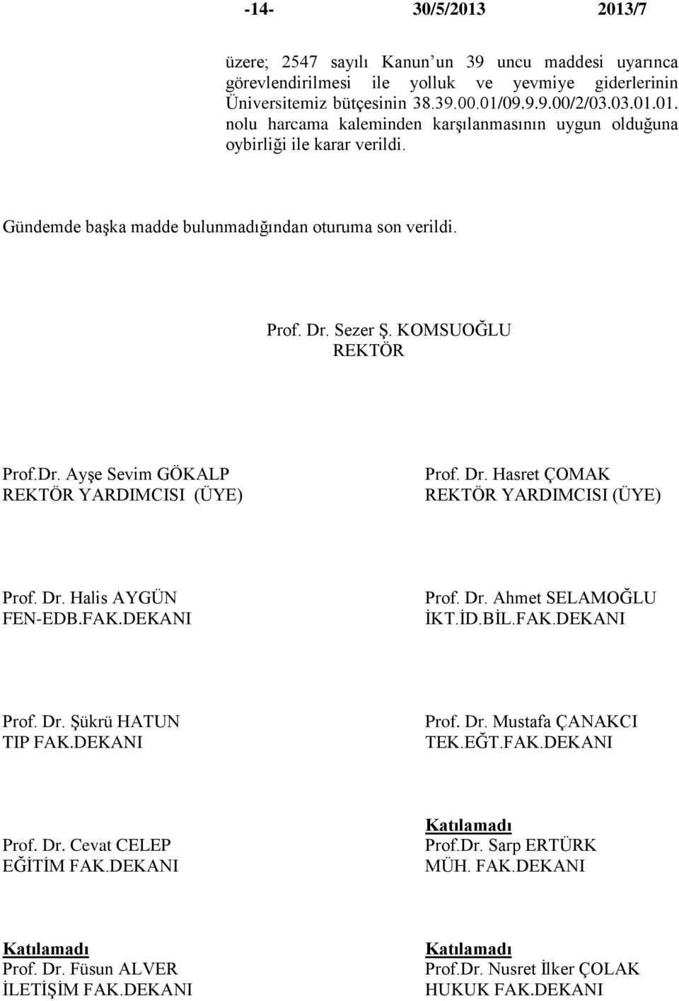 İD.BİL.FAK.DEKANI Prof. Dr. Şükrü HATUN TIP FAK.DEKANI Prof. Dr. Mustafa ÇANAKCI TEK.EĞT.FAK.DEKANI Prof. Dr. Cevat CELEP EĞİTİM FAK.DEKANI Katılamadı Prof.Dr. Sarp ERTÜRK MÜH. FAK.DEKANI Katılamadı Prof. Dr. Füsun ALVER İLETİŞİM FAK.