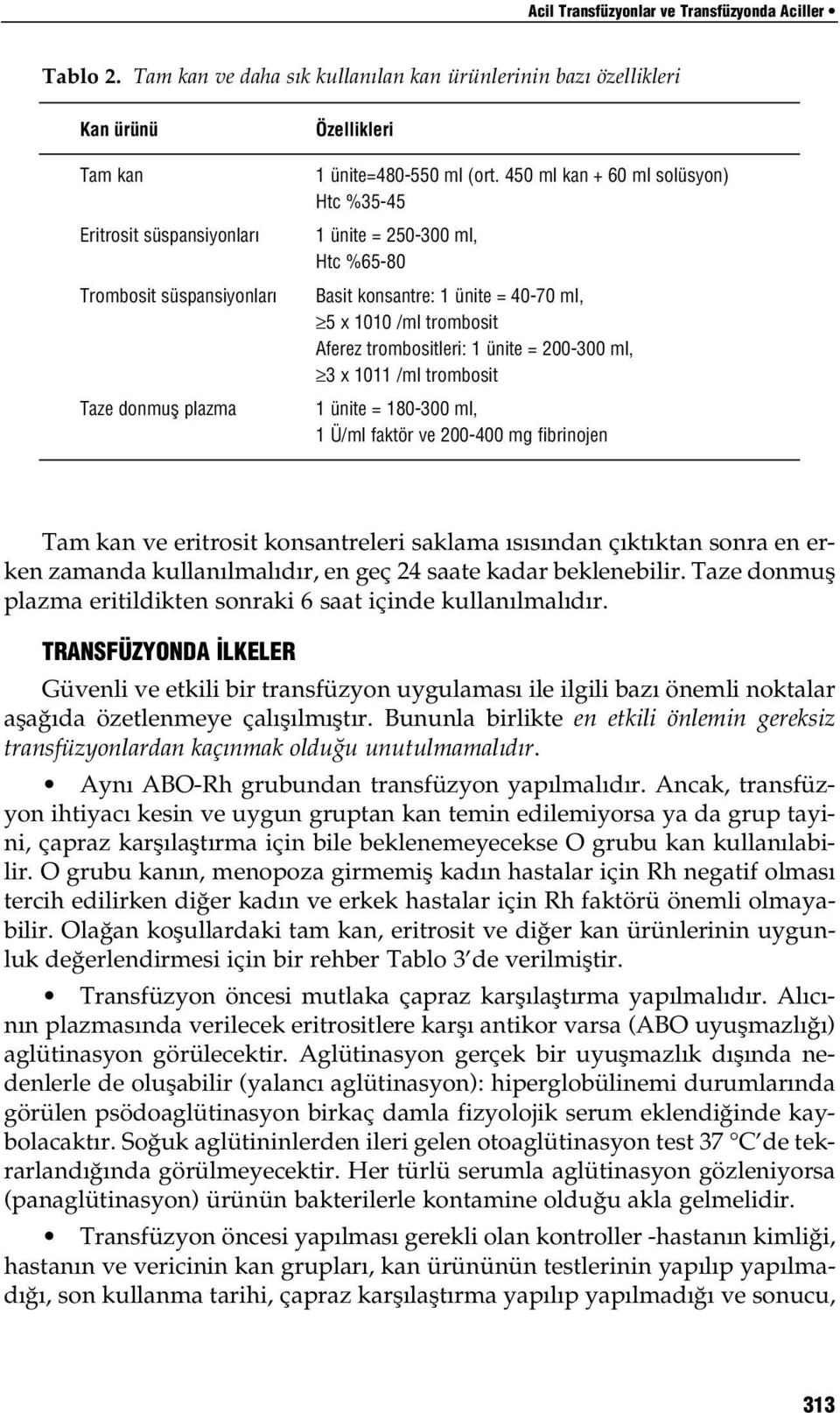 450 ml kan + 60 ml solüsyon) Htc %35-45 1 ünite = 250-300 ml, Htc %65-80 Basit konsantre: 1 ünite = 40-70 ml, 5 x 1010 /ml trombosit Aferez trombositleri: 1 ünite = 200-300 ml, 3 x 1011 /ml trombosit