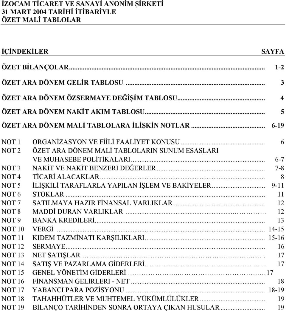 .. 6 NOT 2 ÖZET ARA DÖNEM MALİ TABLOLARIN SUNUM ESASLARI VE MUHASEBE POLİTİKALARI... 6-7 NOT 3 NAKİT VE NAKİT BENZERİ DEĞERLER... 7-8 NOT 4 TİCARİ ALACAKLAR.