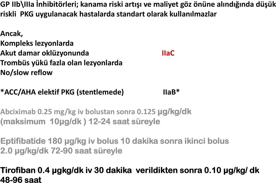 PKG (stentlemede) IIaB* Abciximab 0.25 mg/kg iv bolustan sonra 0.