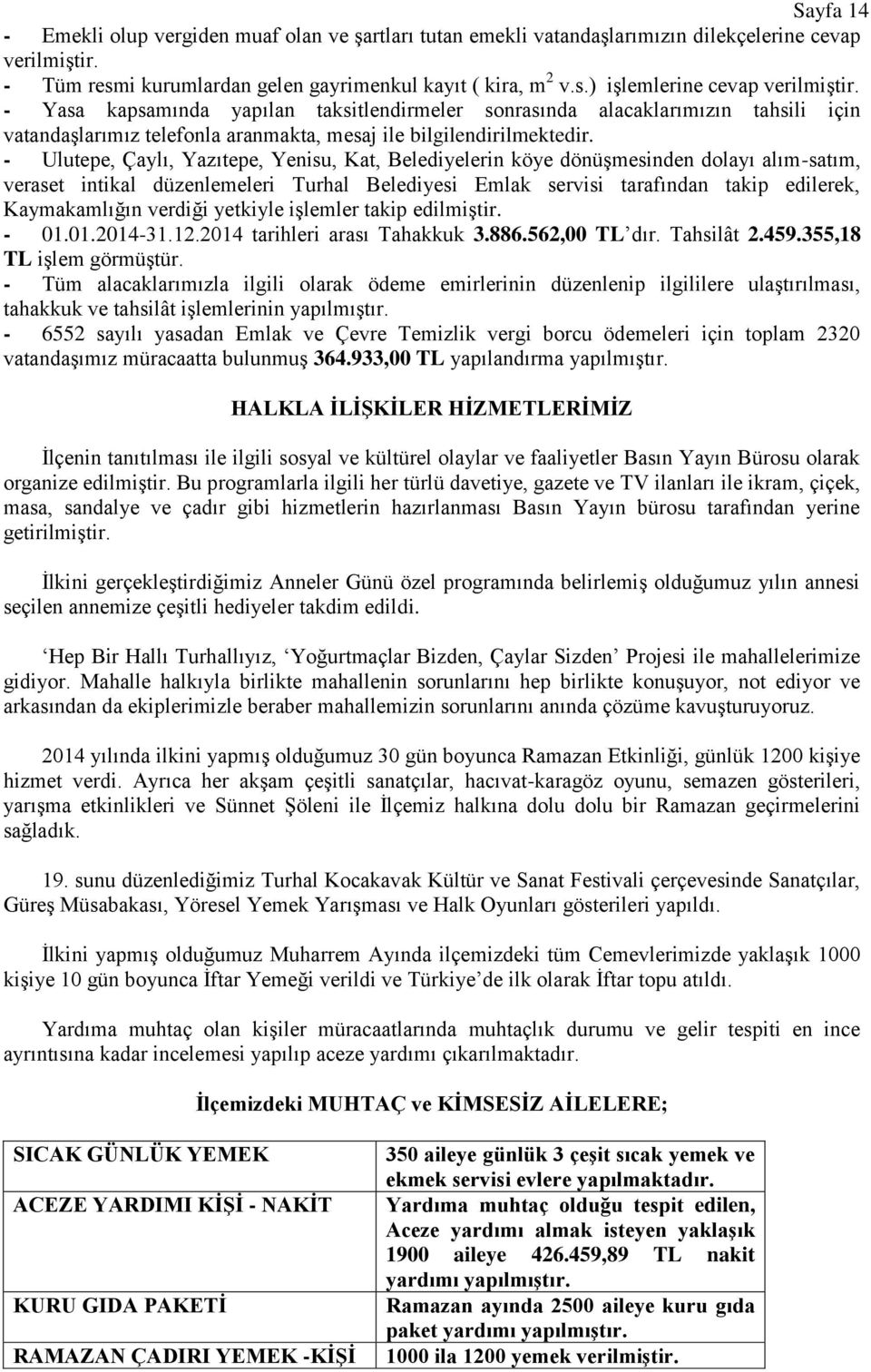 - Ulutepe, Çaylı, Yazıtepe, Yenisu, Kat, Belediyelerin köye dönüģmesinden dolayı alım-satım, veraset intikal düzenlemeleri Turhal Belediyesi Emlak servisi tarafından takip edilerek, Kaymakamlığın