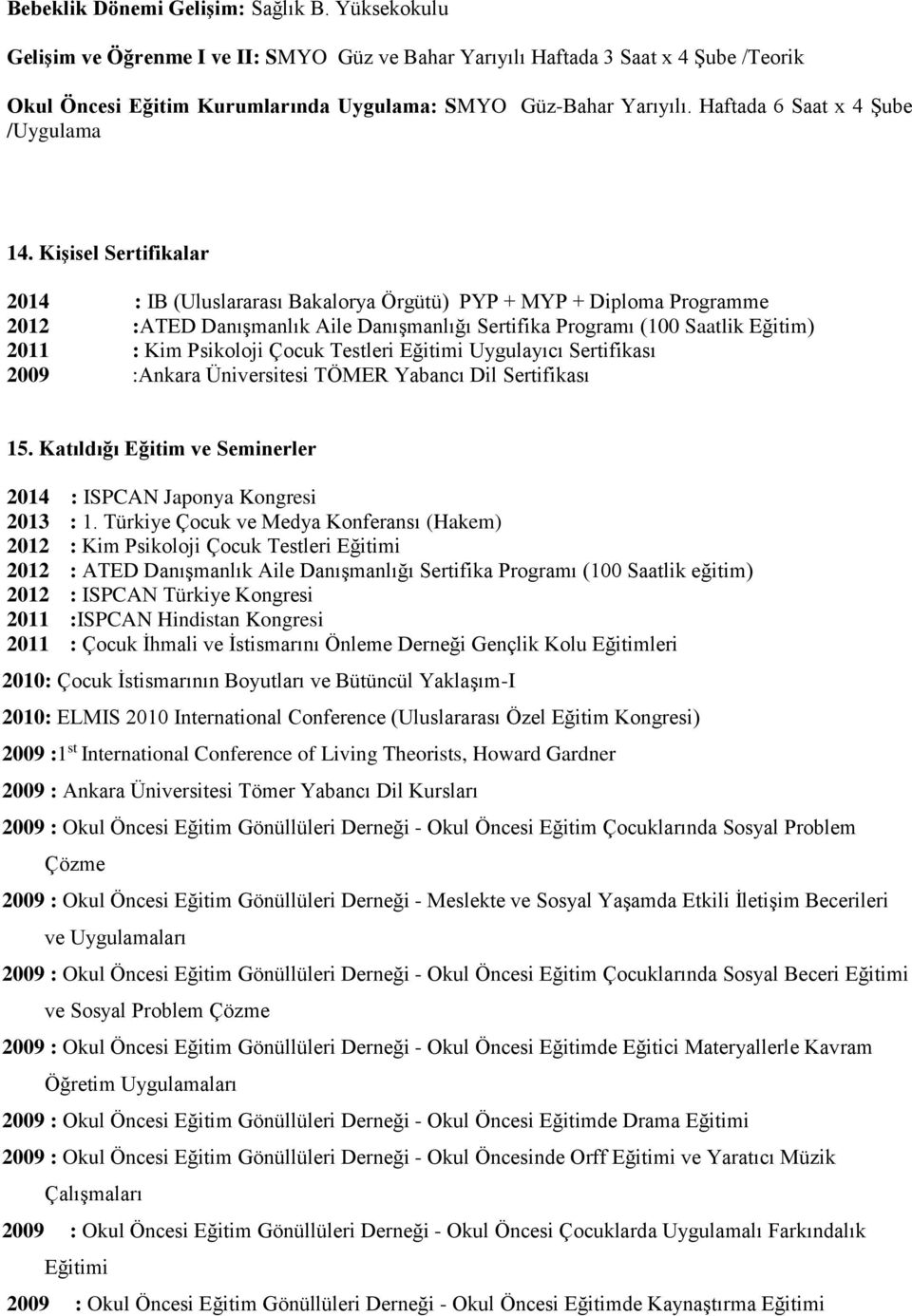 Kişisel Sertifikalar 2014 : IB (Uluslararası Bakalorya Örgütü) PYP + MYP + Diploma Programme 2012 :ATED Danışmanlık Aile Danışmanlığı Sertifika Programı (100 Saatlik Eğitim) 2011 : Kim Psikoloji