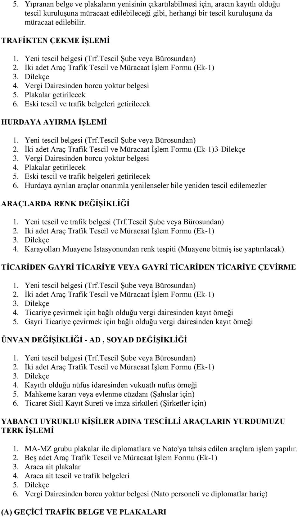 Vergi Dairesinden borcu yoktur belgesi 4. Plakalar getirilecek 5. Eski tescil ve trafik belgeleri getirilecek 6.