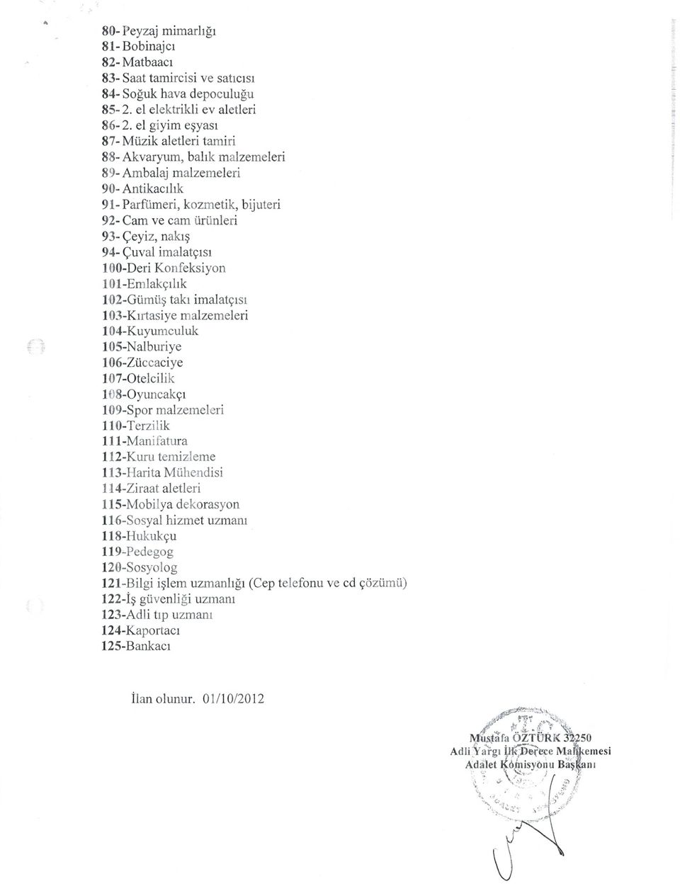 100-Den 100-Deri Konfeksiyon 101 -Emlakcilik 1,02-GiImii taki imalatcisi 1 03-Kirtasiye malzemeieri I 04-Kuyumculuk 1 05-Nalburiye 106-ZUccaciye 107-Otelcilik 108-Oyuncakçi 109-Spor maizemeleri 1