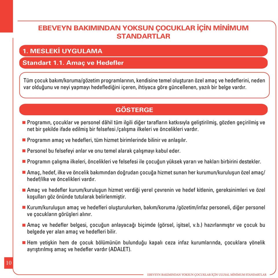 1. Amaç ve Hedefler Tüm çocuk bakım/koruma/gözetim programlarının, kendisine temel oluşturan özel amaç ve hedeflerini, neden var olduğunu ve neyi yapmayı hedeflediğini içeren, ihtiyaca göre