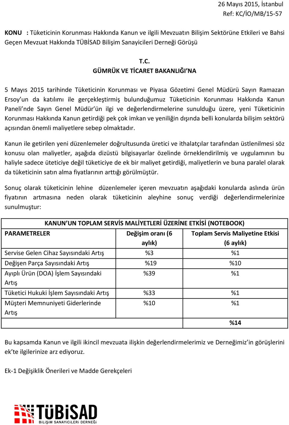 GÜMRÜK VE TİCARET BAKANLIĞI NA 5 Mayıs 2015 tarihinde Tüketicinin Korunması ve Piyasa Gözetimi Genel Müdürü Sayın Ramazan Ersoy un da katılımı ile gerçekleştirmiş bulunduğumuz Tüketicinin Korunması