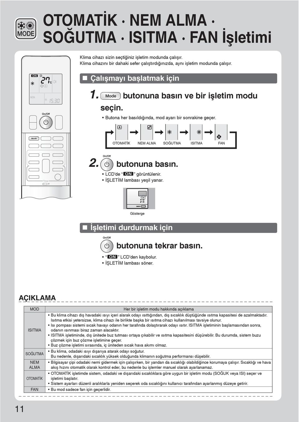 İŞLETİM lambası yeşil yanar. Gösterge İşletimi durdurmak için butonuna tekrar basın. LCD den kaybolur. İŞLETİM lambası söner.