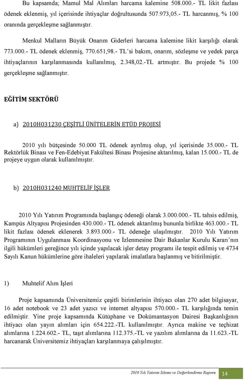 - TL si bakım, onarım, sözleşme ve yedek parça ihtiyaçlarının karşılanmasında kullanılmış, 2.348,02.-TL artmıştır. Bu projede % 100 gerçekleşme sağlanmıştır.