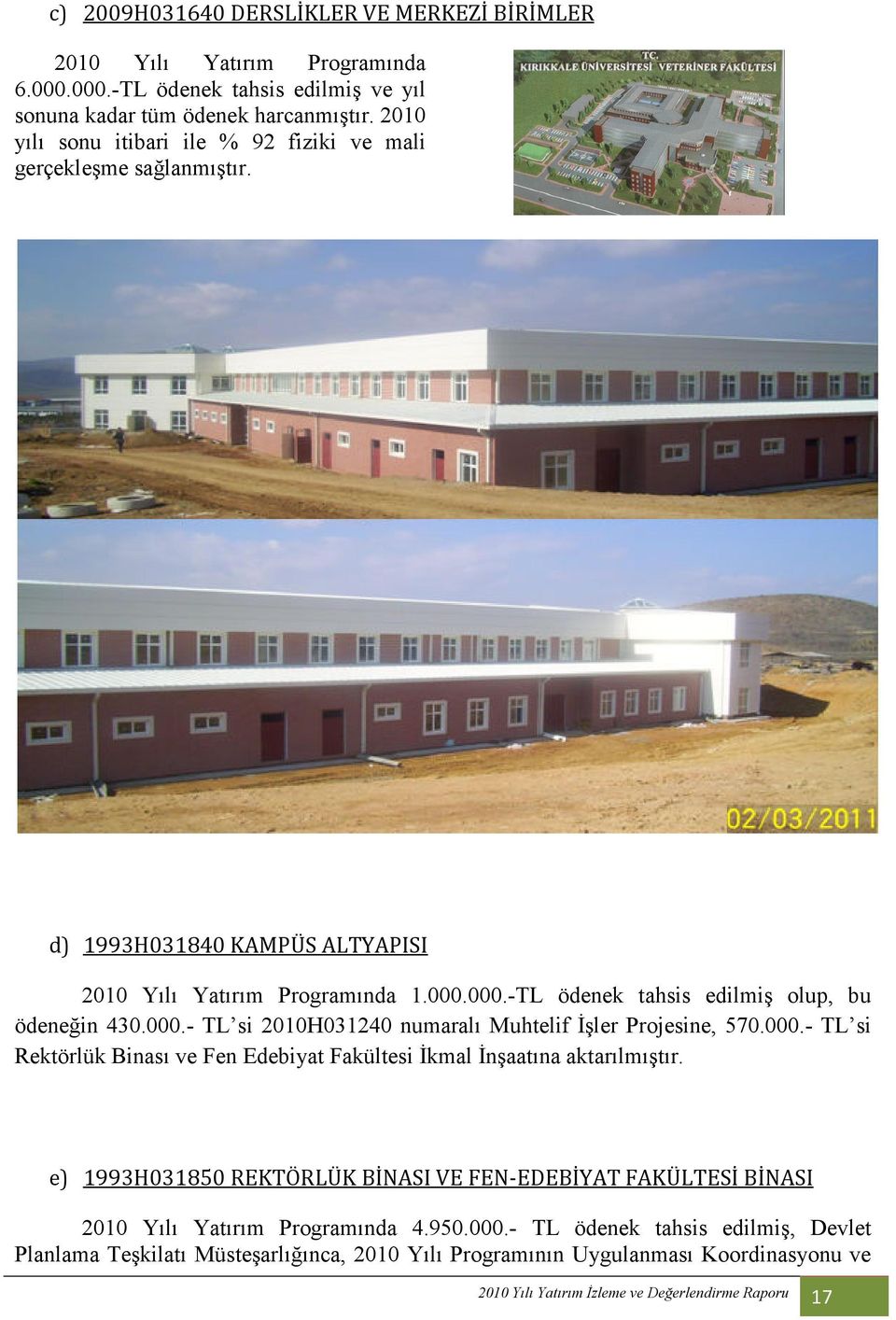 000.- TL si 2010H031240 numaralı Muhtelif Đşler Projesine, 570.000.- TL si Rektörlük Binası ve Fen Edebiyat Fakültesi Đkmal Đnşaatına aktarılmıştır.