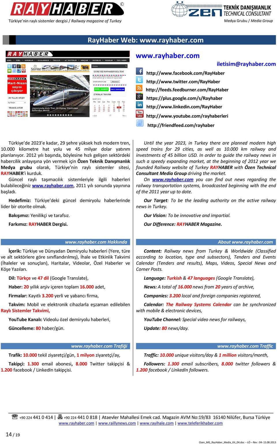 com/rayhaber iletisim@rayhaber.com Türkiye de 2023 e kadar, 29 şehre yüksek hızlı modern tren, 10.000 kilometre hat yolu ve 45 milyar dolar yatırım planlanıyor.