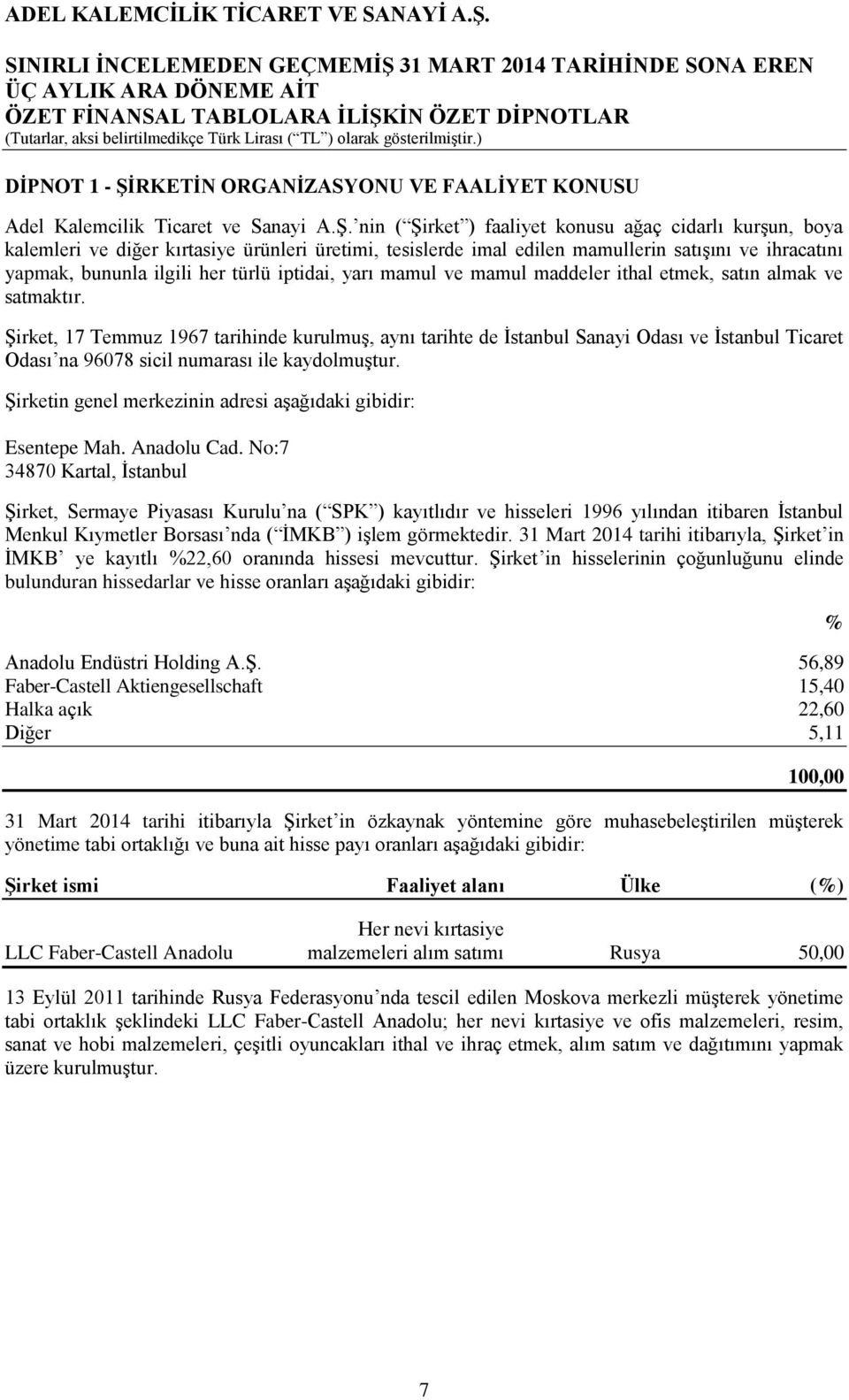 nin ( Şirket ) faaliyet konusu ağaç cidarlı kurşun, boya kalemleri ve diğer kırtasiye ürünleri üretimi, tesislerde imal edilen mamullerin satışını ve ihracatını yapmak, bununla ilgili her türlü