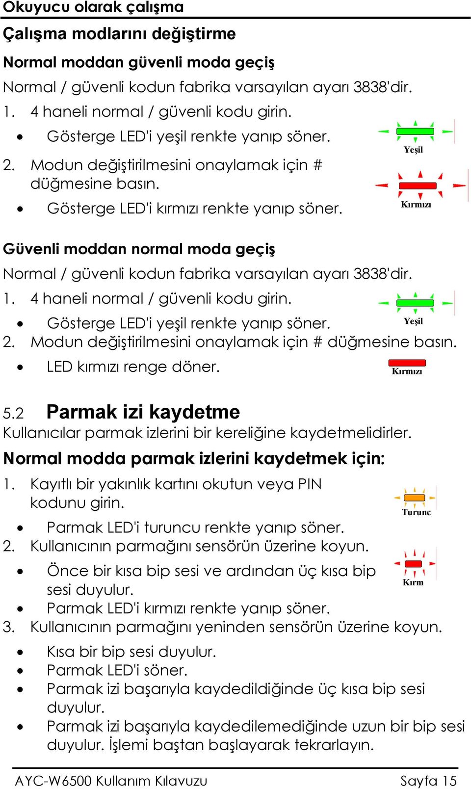 Kırmızı Güvenli moddan normal moda geçiş Normal / güvenli kodun fabrika varsayılan ayarı 3838'dir. 1. 4 haneli normal / güvenli kodu girin. Gösterge LED'i yeşil renkte yanıp söner. 2.