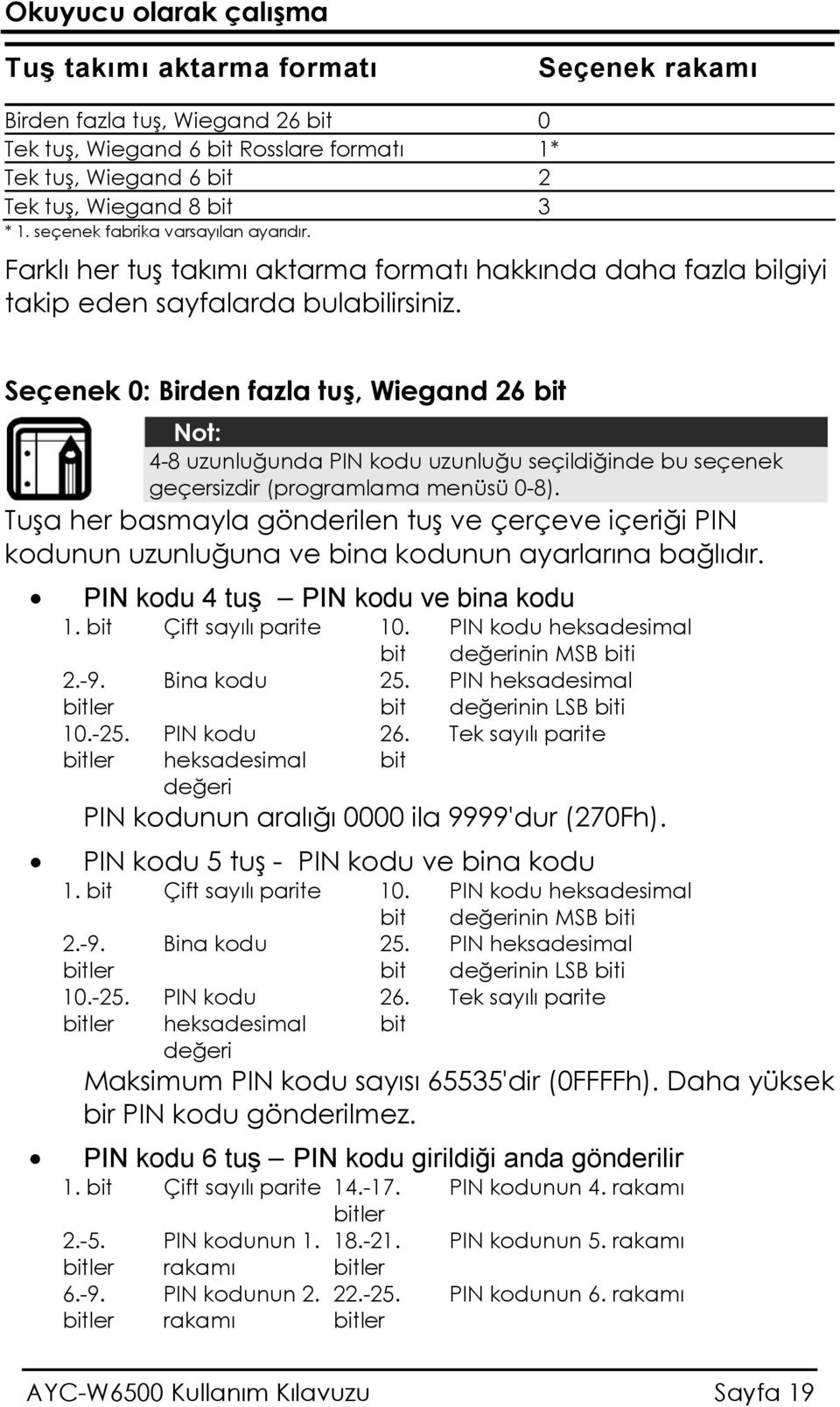 Seçenek 0: Birden fazla tuş, Wiegand 26 bit Not: 4-8 uzunluğunda PIN kodu uzunluğu seçildiğinde bu seçenek geçersizdir (programlama menüsü 0-8).