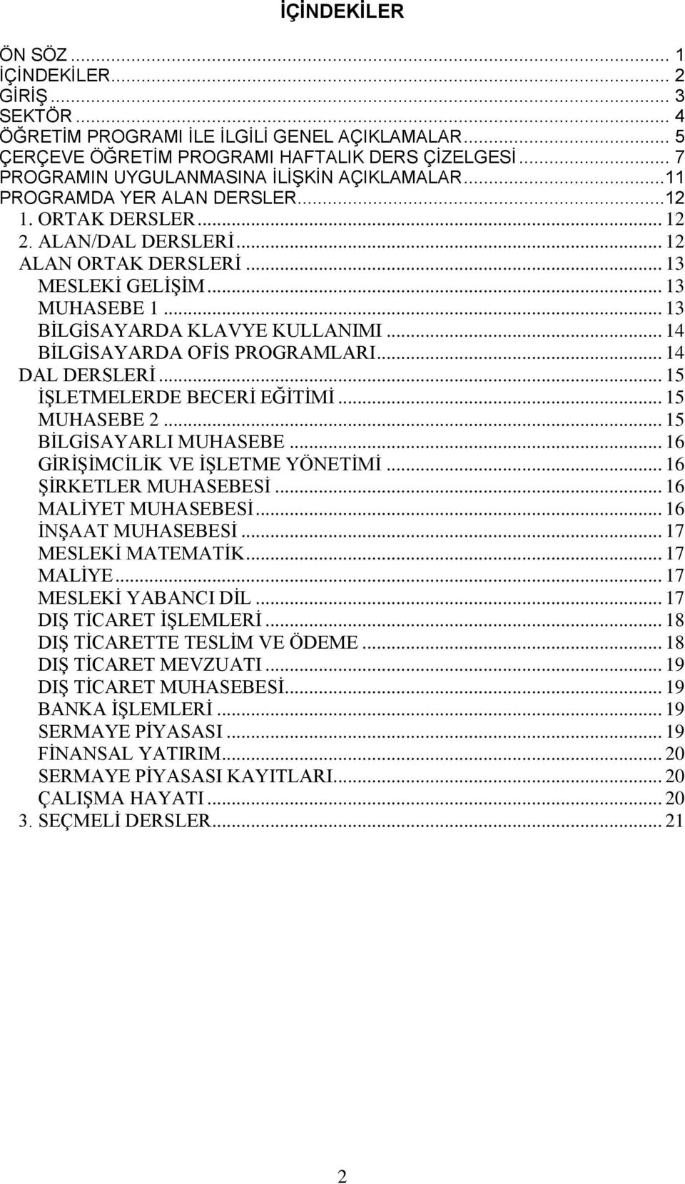 .. 13 BİLGİSAYARDA KLAVYE KULLANIMI... 14 BİLGİSAYARDA OFİS PROGRAMLARI... 14 DAL DERSLERİ... 15 İŞLETMELERDE BECERİ EĞİTİMİ... 15 MUHASEBE 2... 15 BİLGİSAYARLI MUHASEBE.