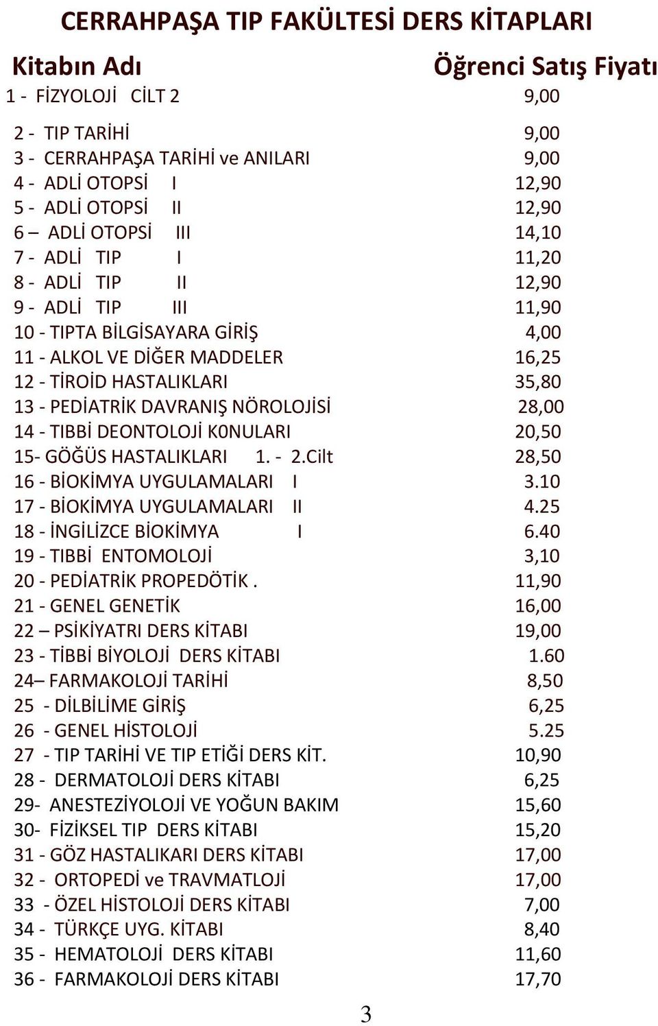 - PEDİATRİK DAVRANIŞ NÖROLOJİSİ 28,00 14 - TIBBİ DEONTOLOJİ K0NULARI 20,50 15- GÖĞÜS HASTALIKLARI 1. - 2.Cilt 28,50 16 - BİOKİMYA UYGULAMALARI I 3.10 17 - BİOKİMYA UYGULAMALARI II 4.