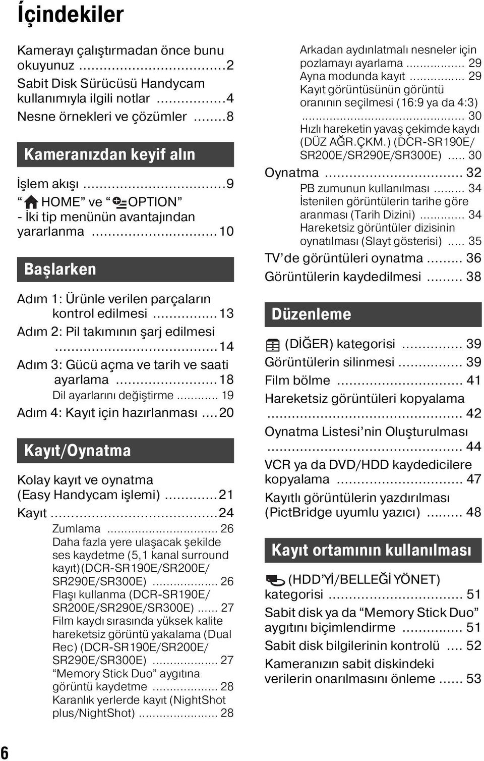 ..14 Adım 3: Gücü açma ve tarih ve saati ayarlama...18 Dil ayarlarını değiştirme... 19 Adım 4: Kayıt için hazırlanması...20 Kayıt/Oynatma Kolay kayıt ve oynatma (Easy Handycam işlemi)...21 Kayıt.