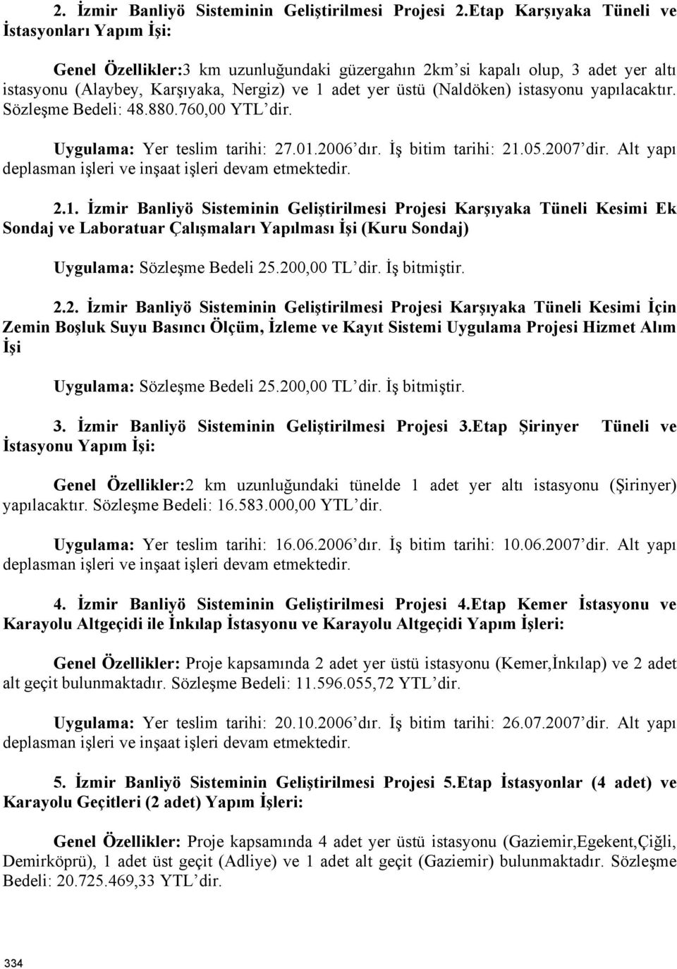 (Naldöken) istasyonu yapılacaktır. Sözleşme Bedeli: 48.880.760,00 YTL dir. Uygulama: Yer teslim tarihi: 27.01.2006 dır. İş bitim tarihi: 21.05.2007 dir.